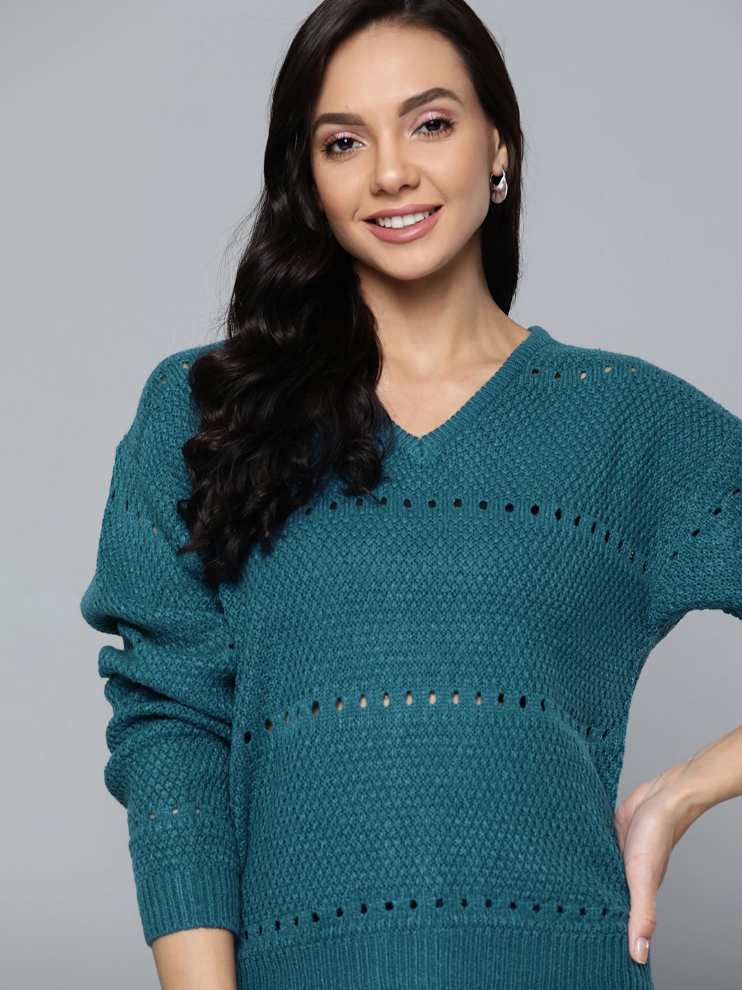 Mast & Harbour Women Teal Blue Open Knit Pullover Sweater Price in India