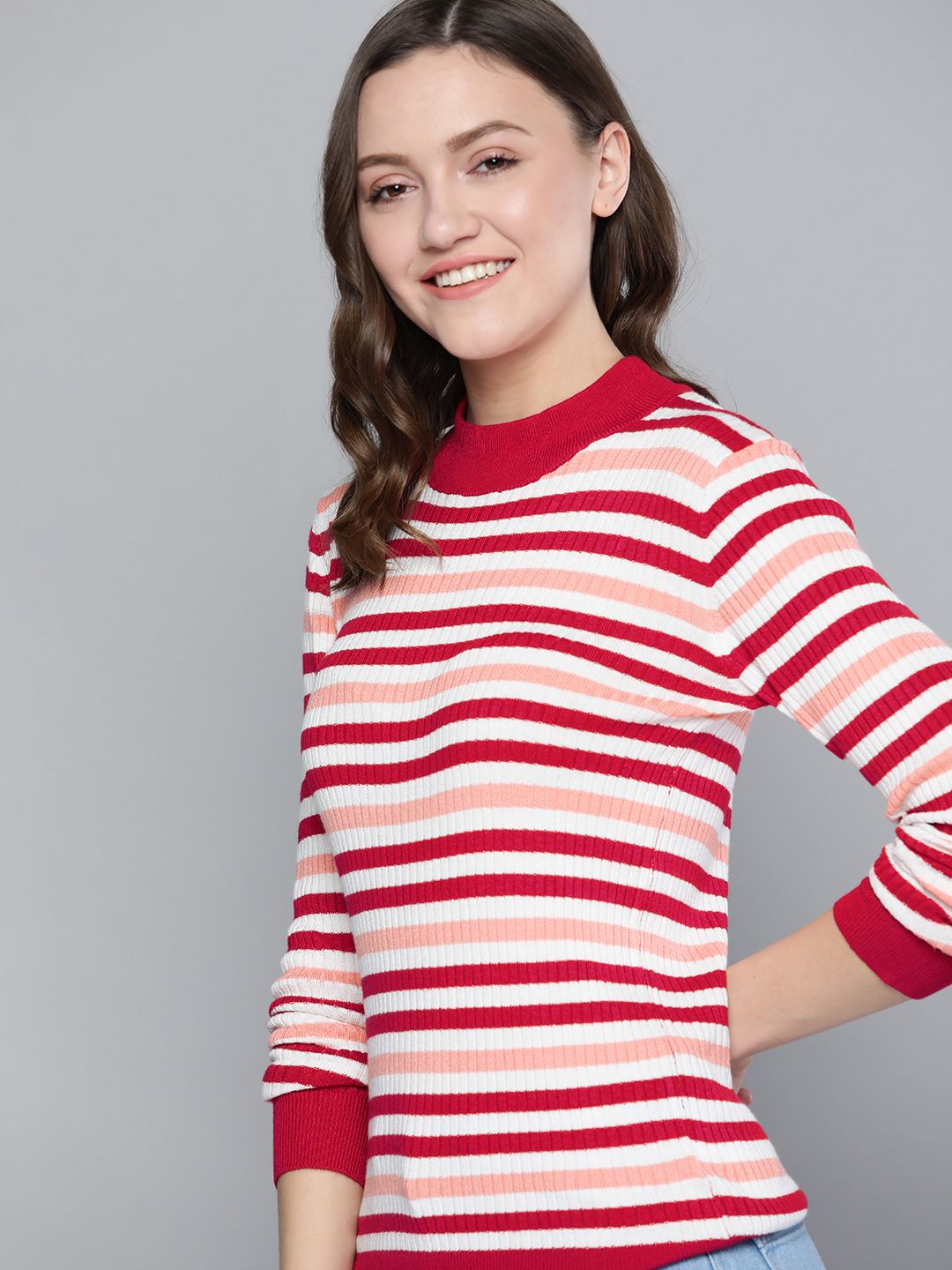 Mast & Harbour Women Red & White Striped Pullover Price in India