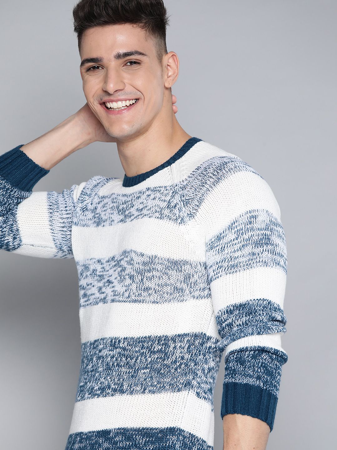 Mast & Harbour Men White & Teal Blue Striped Pullover