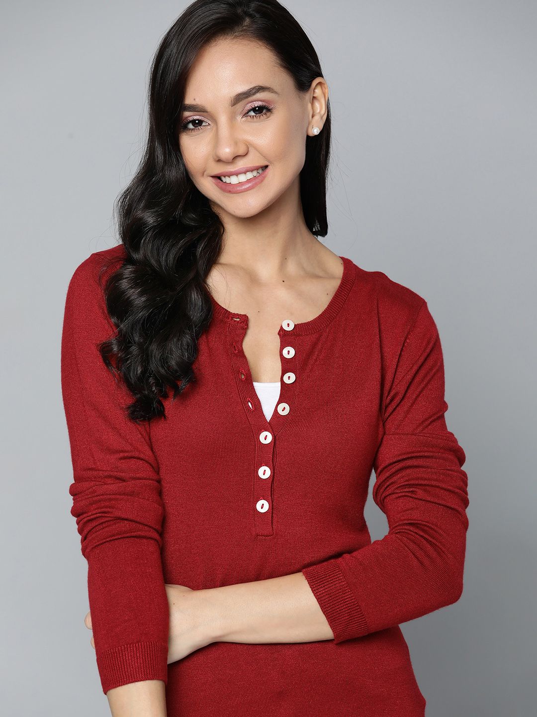 Mast & Harbour Women Maroon Solid Half Button Pullover Price in India