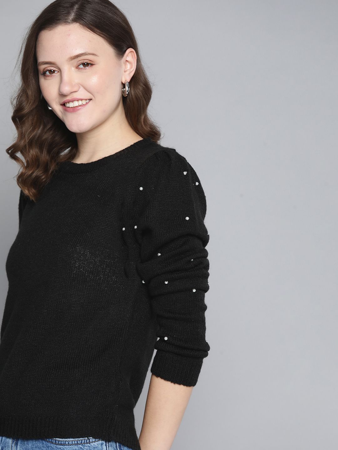 Mast & Harbour Women Black Pullover with Embellished Detail Price in India