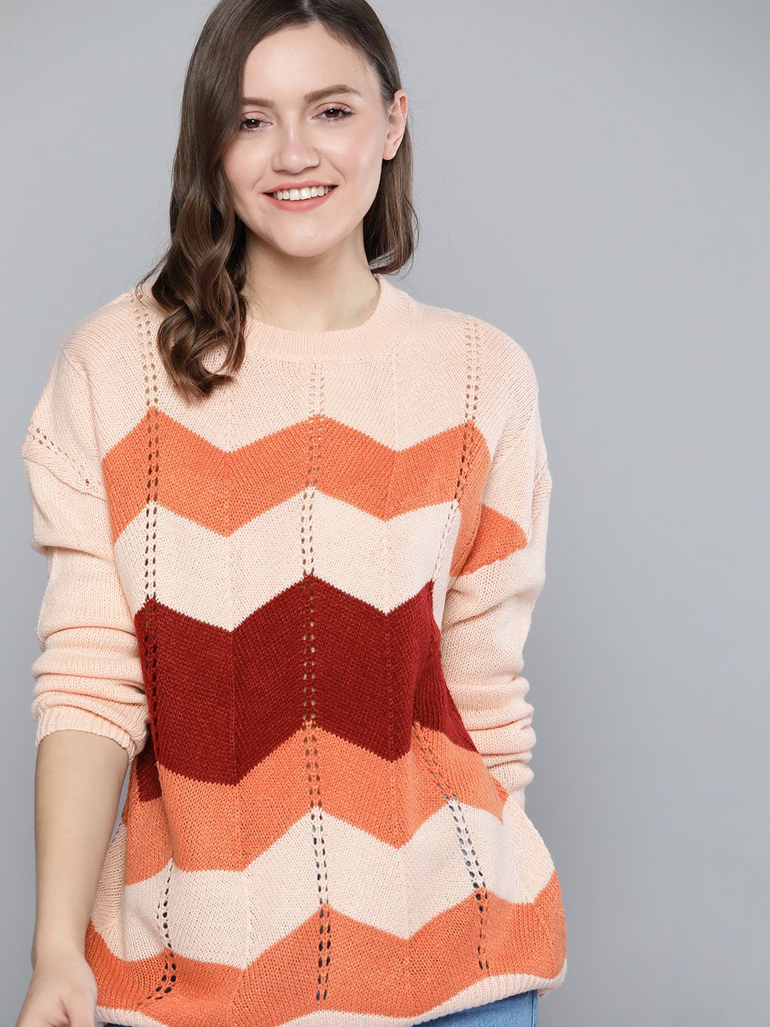 Mast & Harbour Women Peach-Coloured & Maroon Colourblocked Printed Pullover Price in India