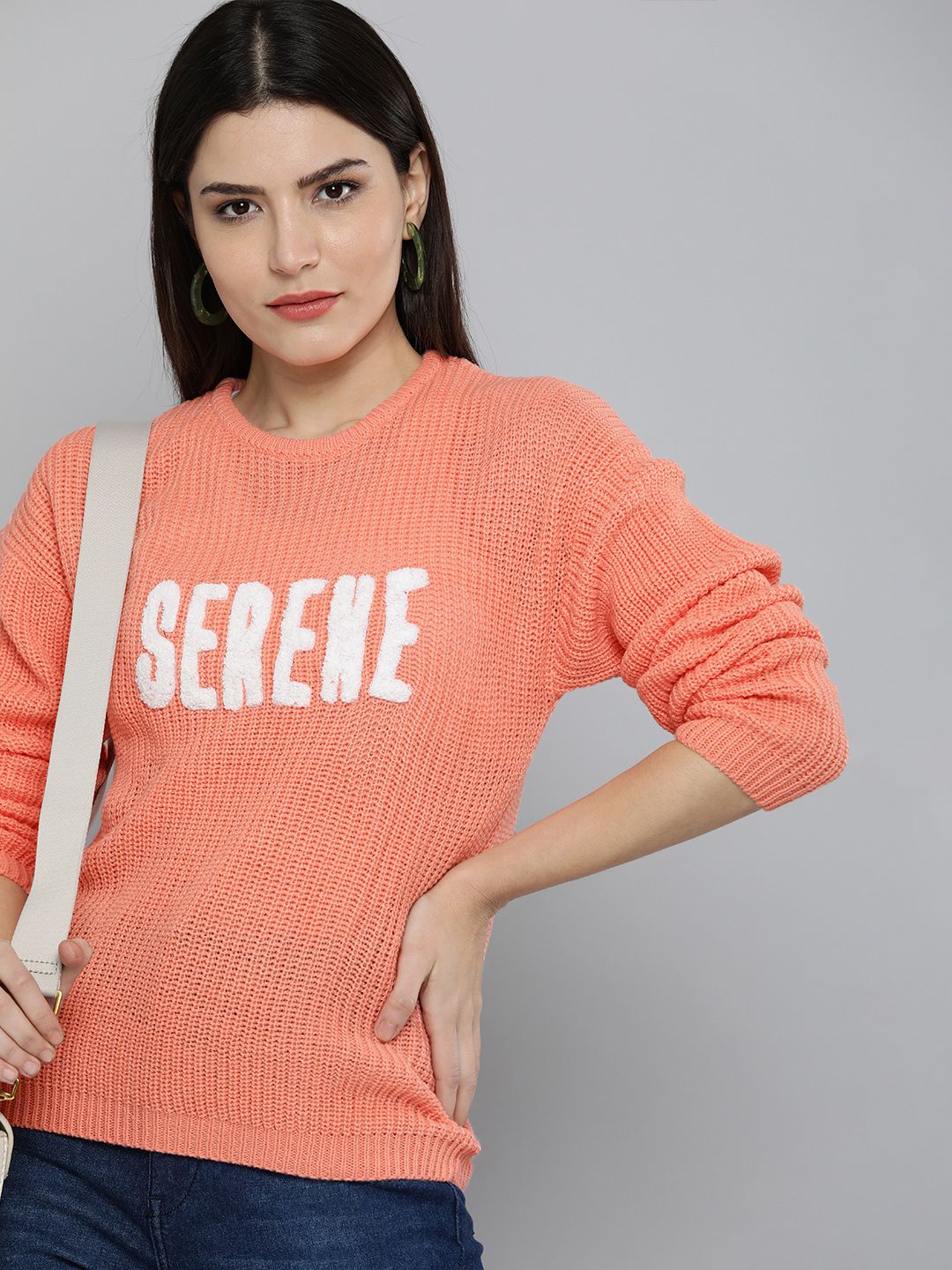 Mast & Harbour Women Peach-Coloured Typography Applique Pullover Sweater Price in India