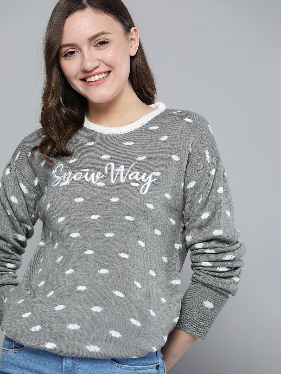 Mast & Harbour Women Grey & White Embroidered Pullover Price in India