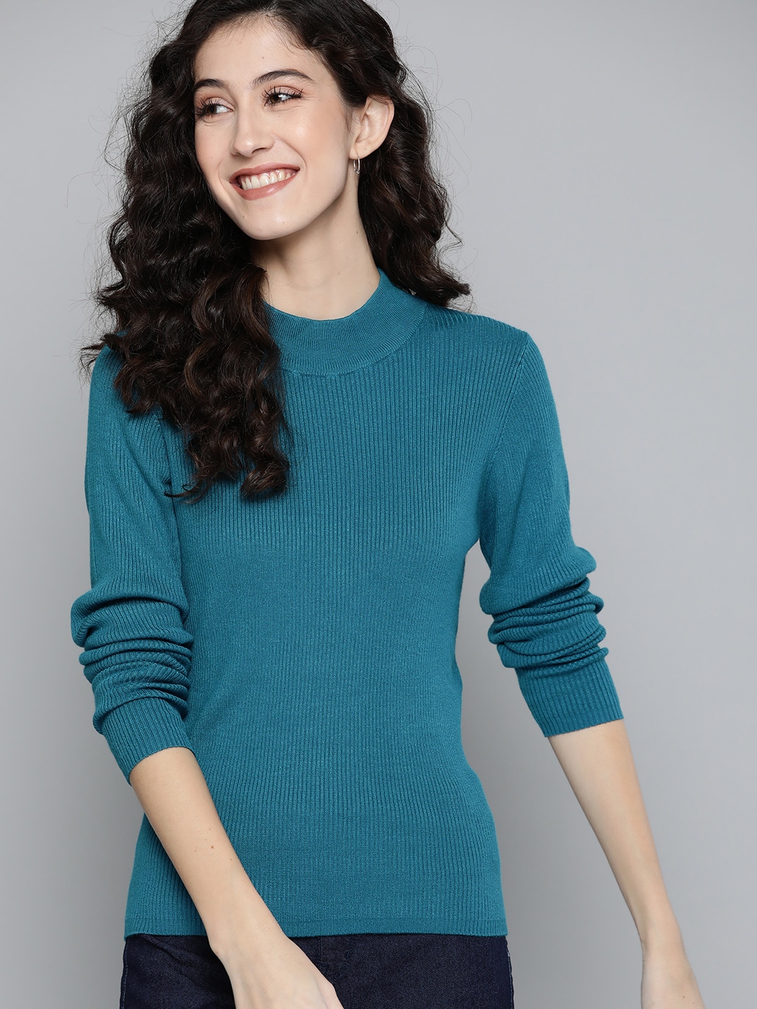 Mast & Harbour Women Teal Blue Ribbed Pullover Price in India