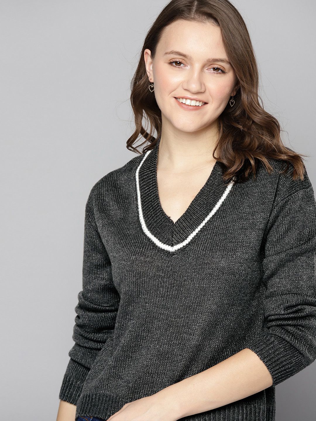 Mast & Harbour Women V-Neck Charcoal Grey Pullover Price in India