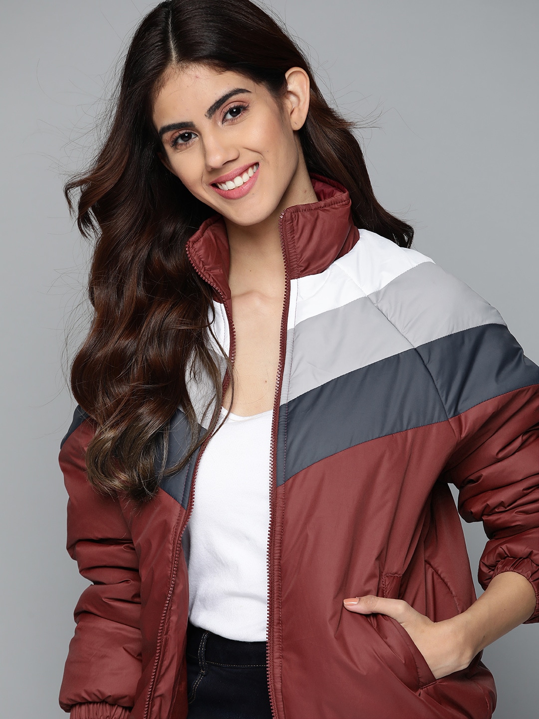 Mast & Harbour Women Maroon & Blue Striped Bomber Jacket Price in India