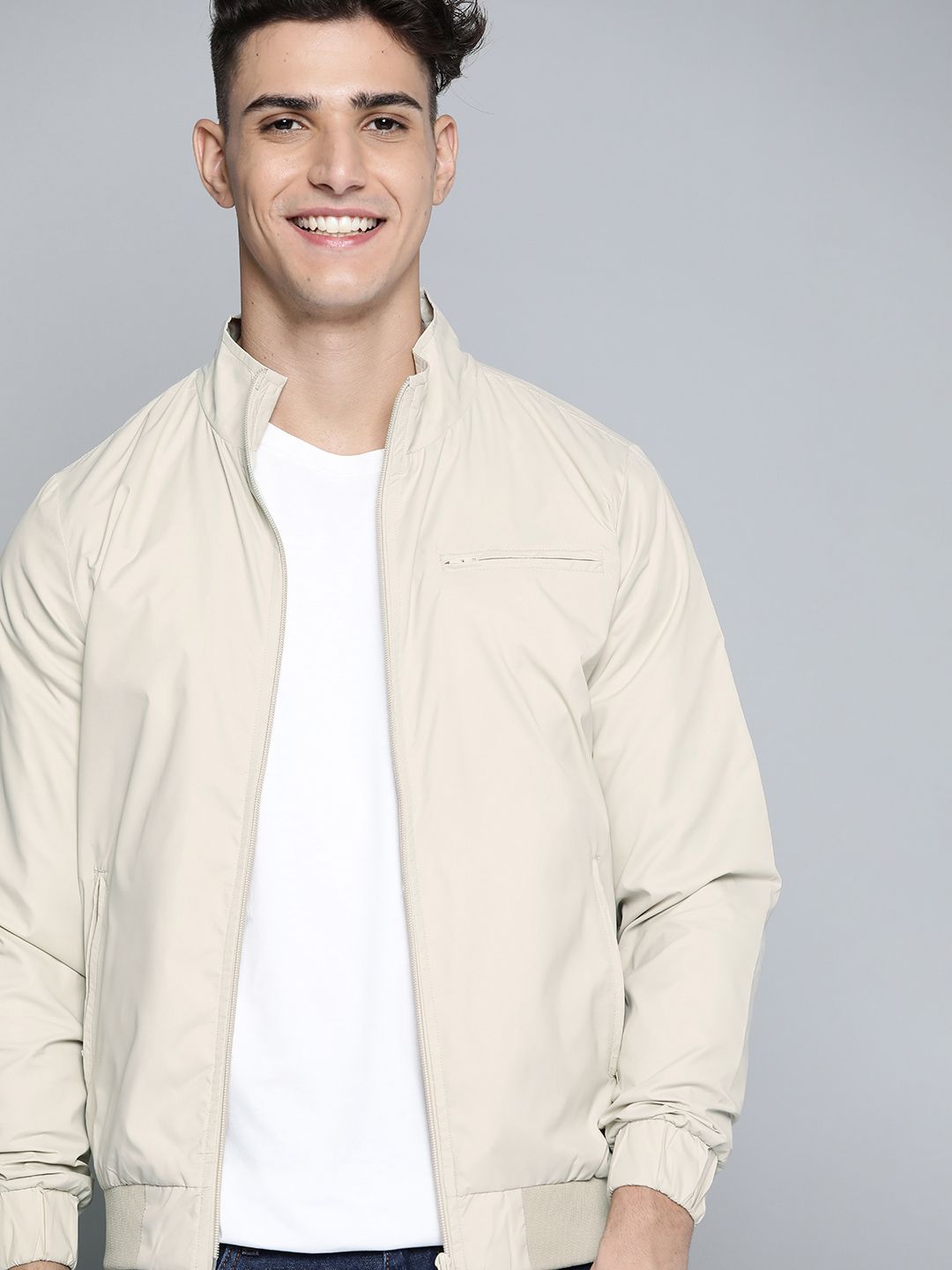 Mast & Harbour Men Off White Solid Bomber Jacket