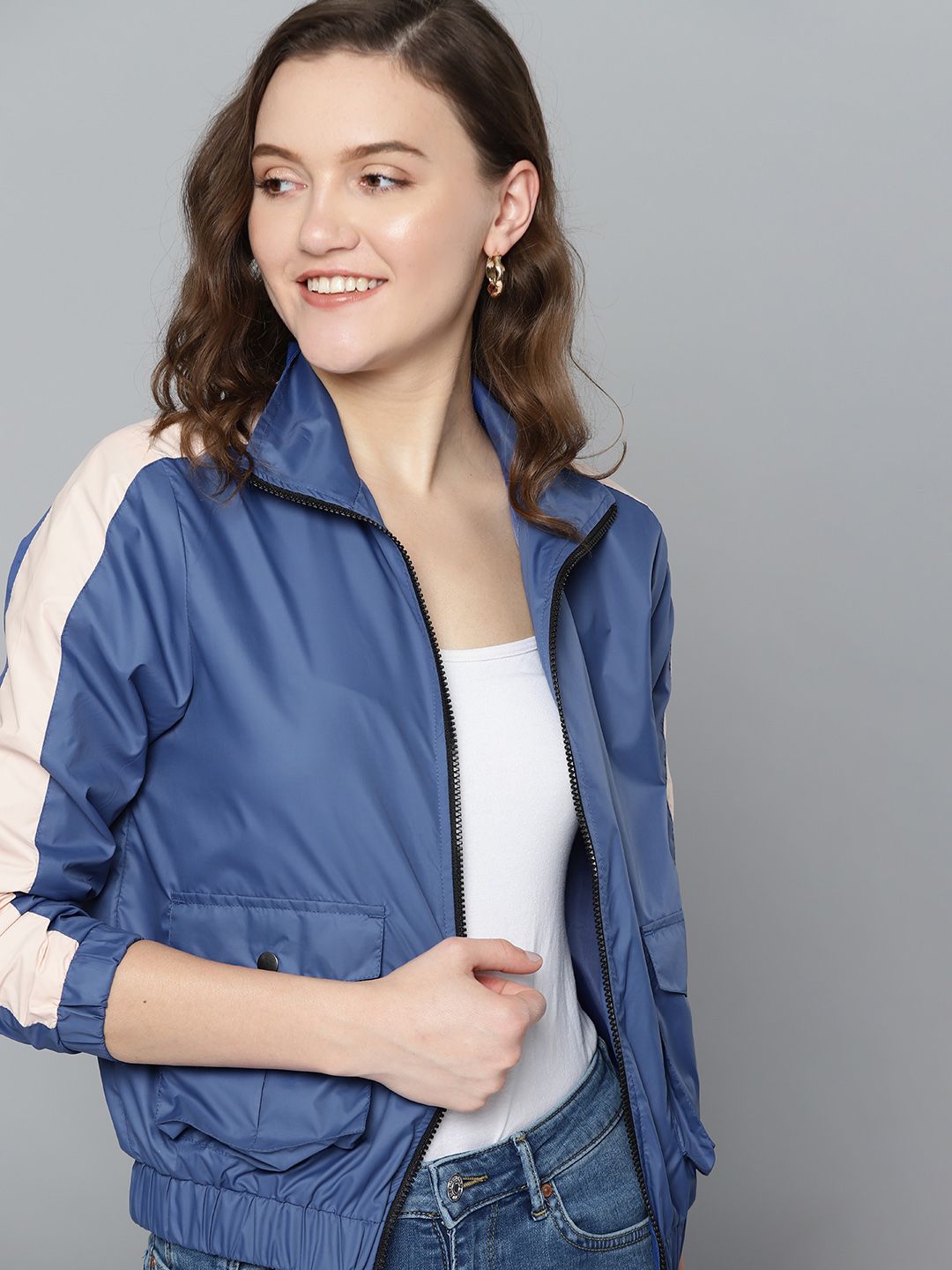 Mast & Harbour Women Blue Solid Bomber Jacket Price in India