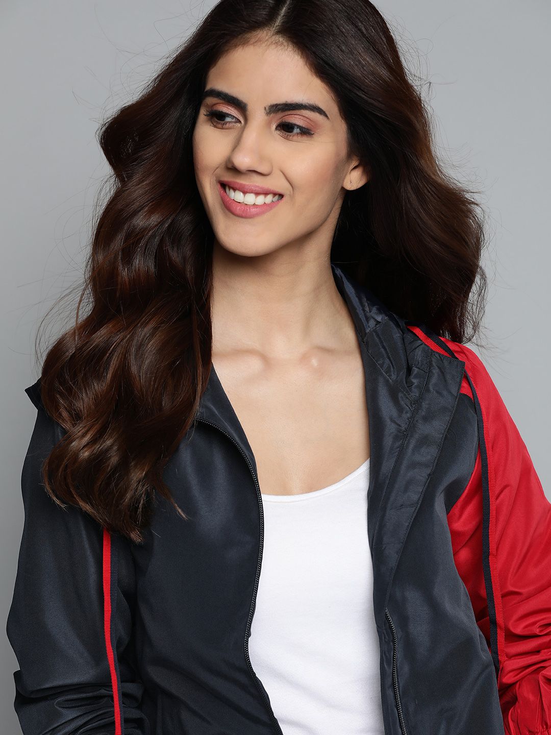 Mast & Harbour Women Navy Blue & Red Solid Hooded Tailored Jacket Price in India