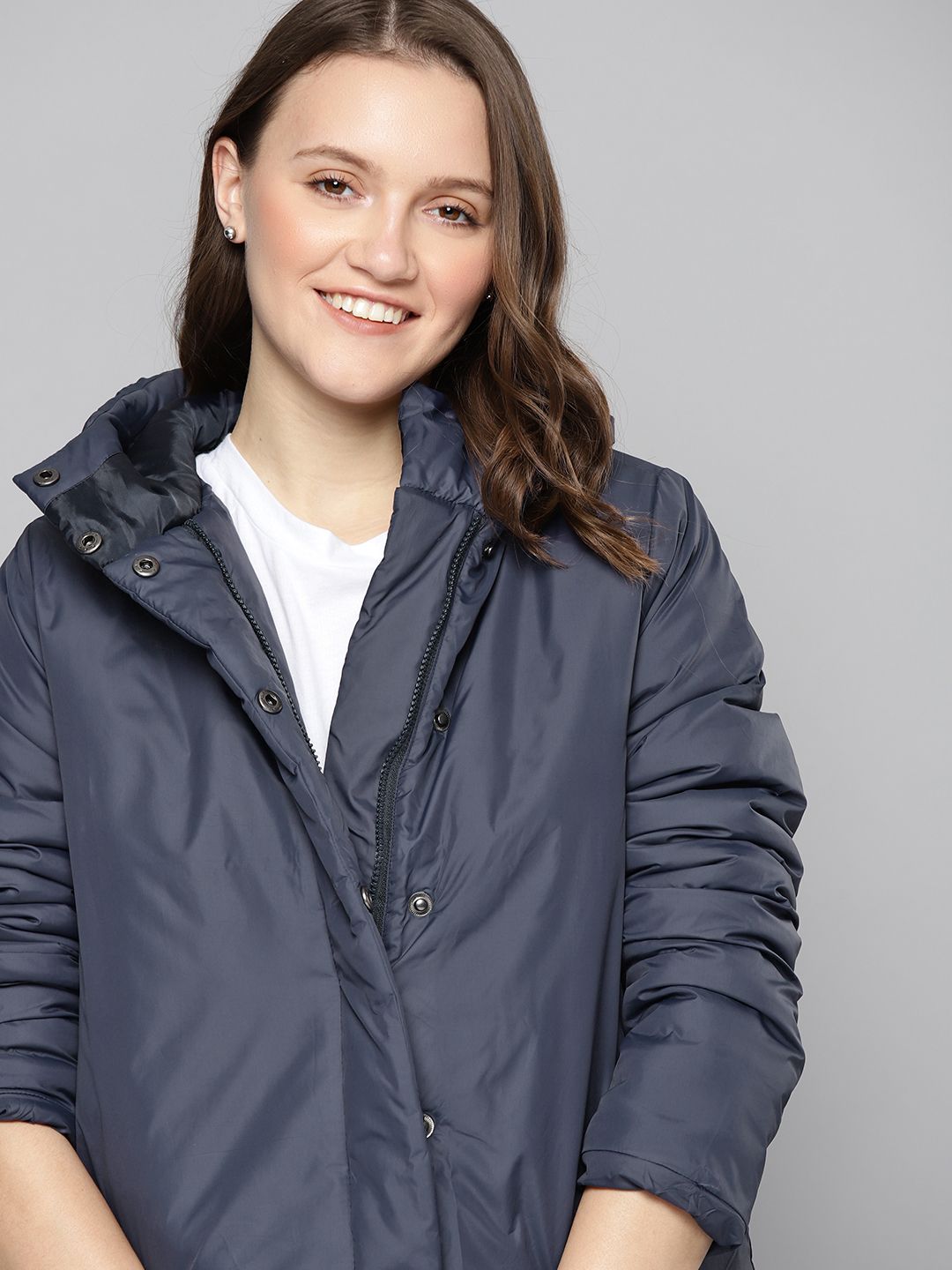 Mast & Harbour Women Navy Blue Solid Hooded Padded Jacket Price in India
