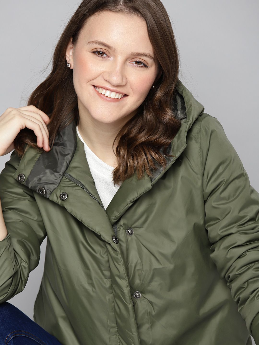 Mast & Harbour Women Olive Green Solid Hooded Padded Jacket Price in India