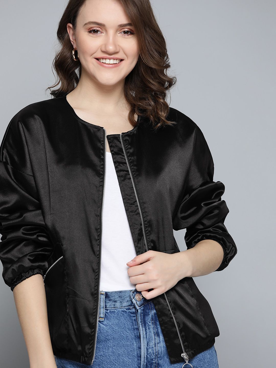 Mast & Harbour Women Black Solid Satin Finish Tailored Jacket Price in India