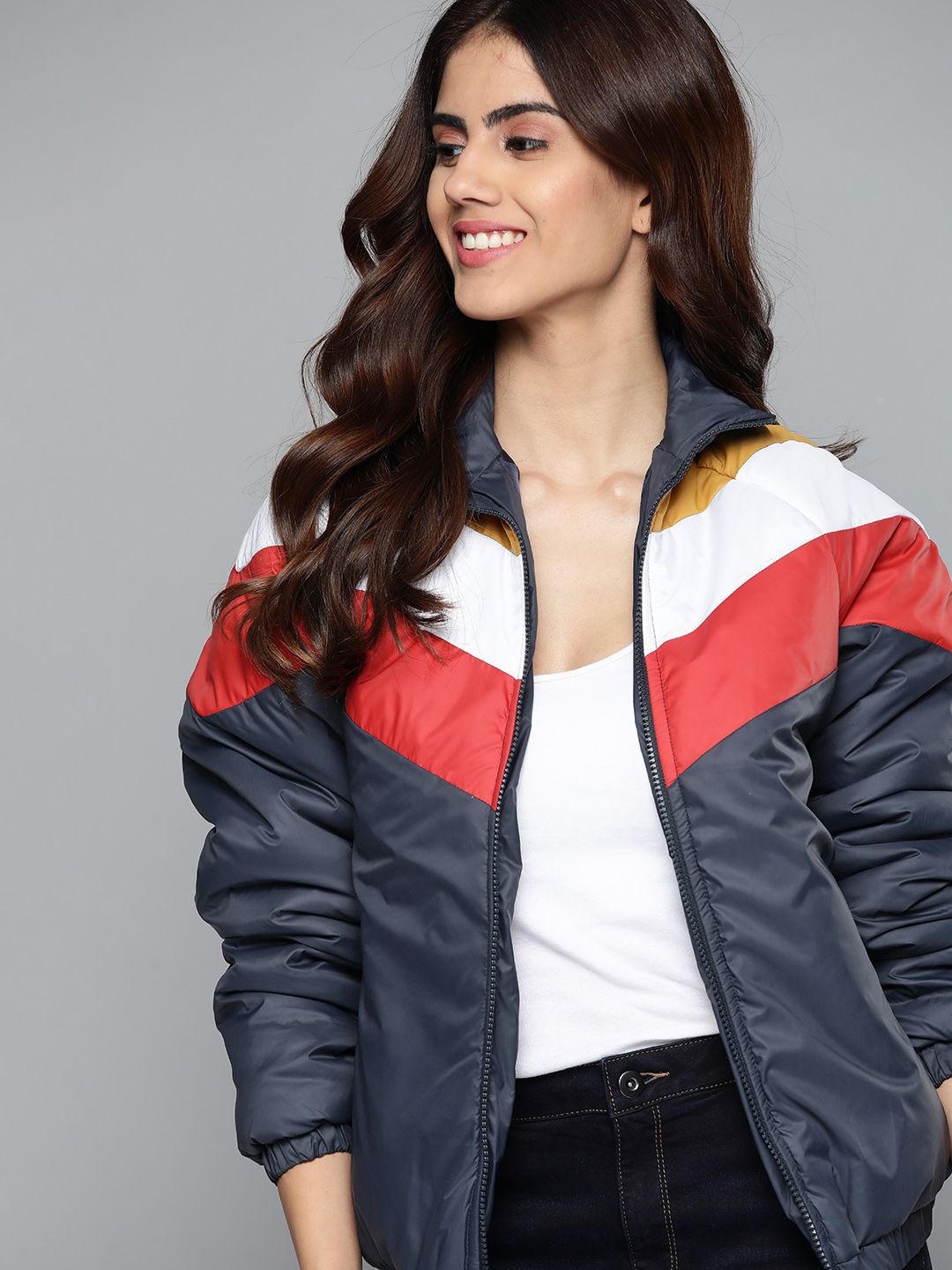 Mast & Harbour Women Navy Blue & Red Colourblocked Bomber Jacket Price in India
