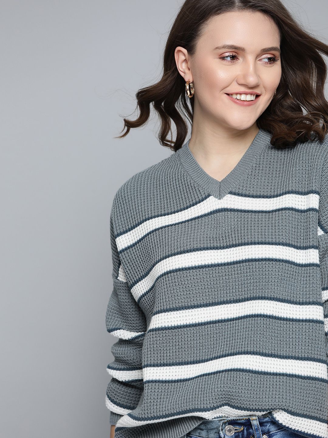 Mast & Harbour Women Grey & White Striped Acrylic Pullover Price in India