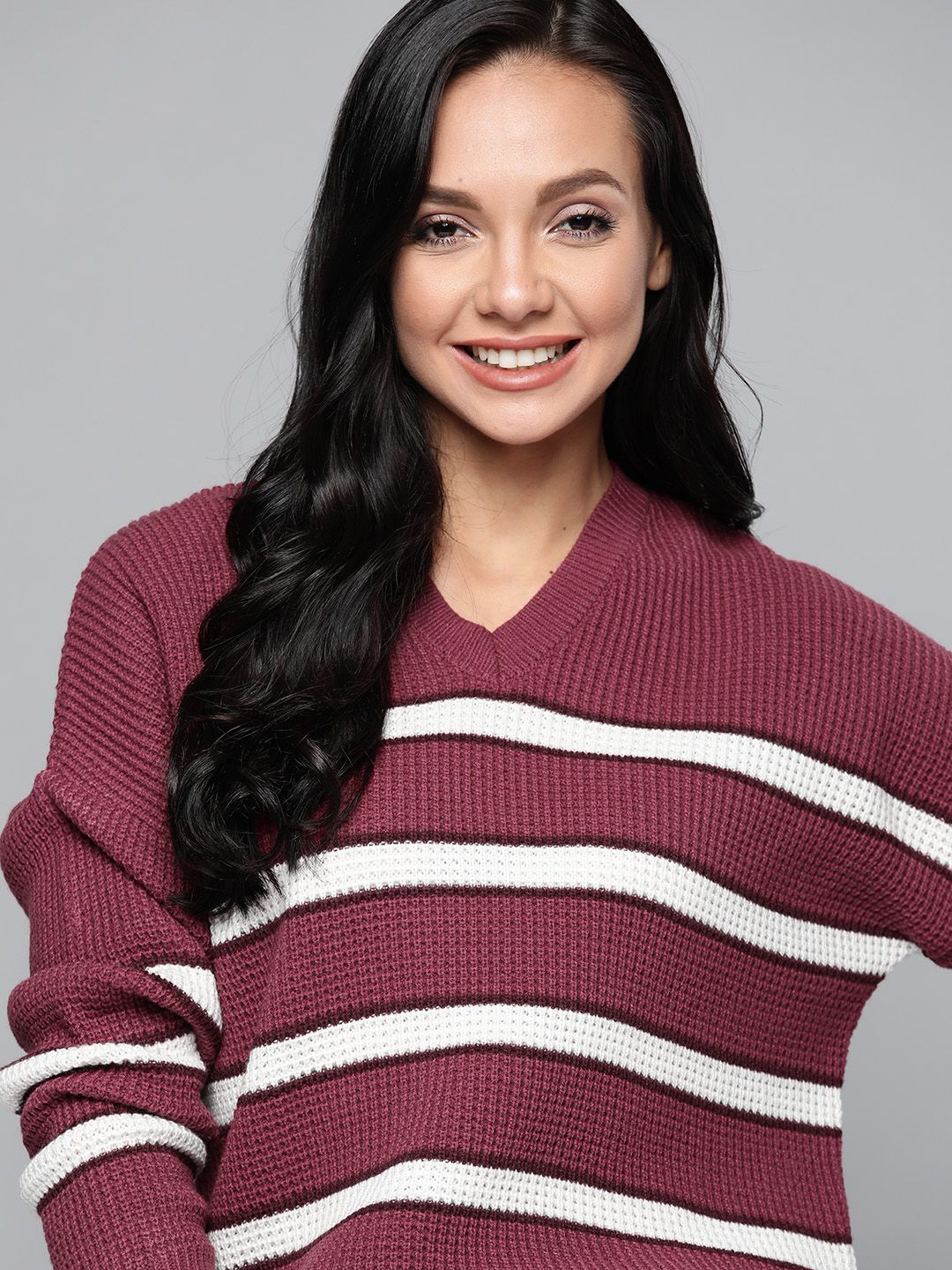 Mast & Harbour Women Burgundy & White Striped Drop-Shoulder Pullover Price in India