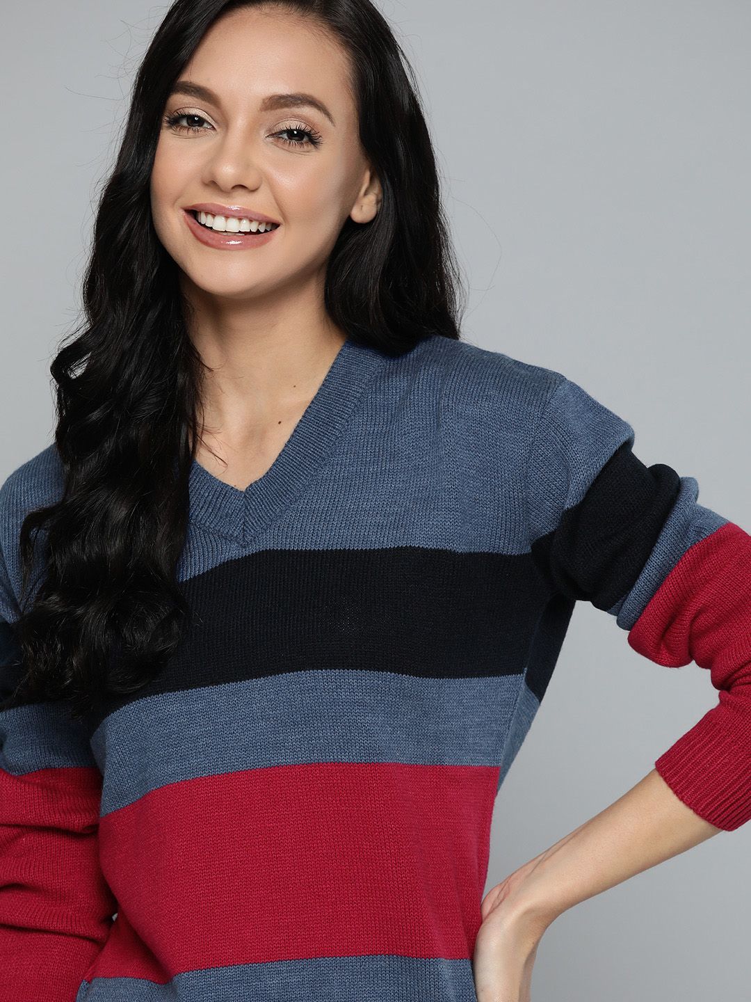 Mast & Harbour Women Blue & Red Striped Pullover Price in India