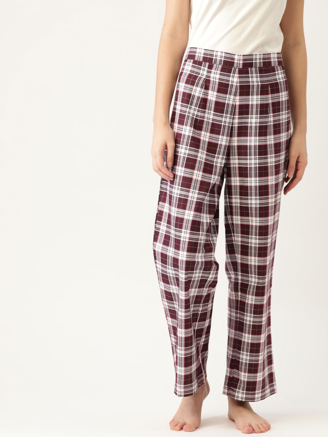 ETC Women Pure Cotton Maroon & Off-White Checked Lounge Pants Price in India