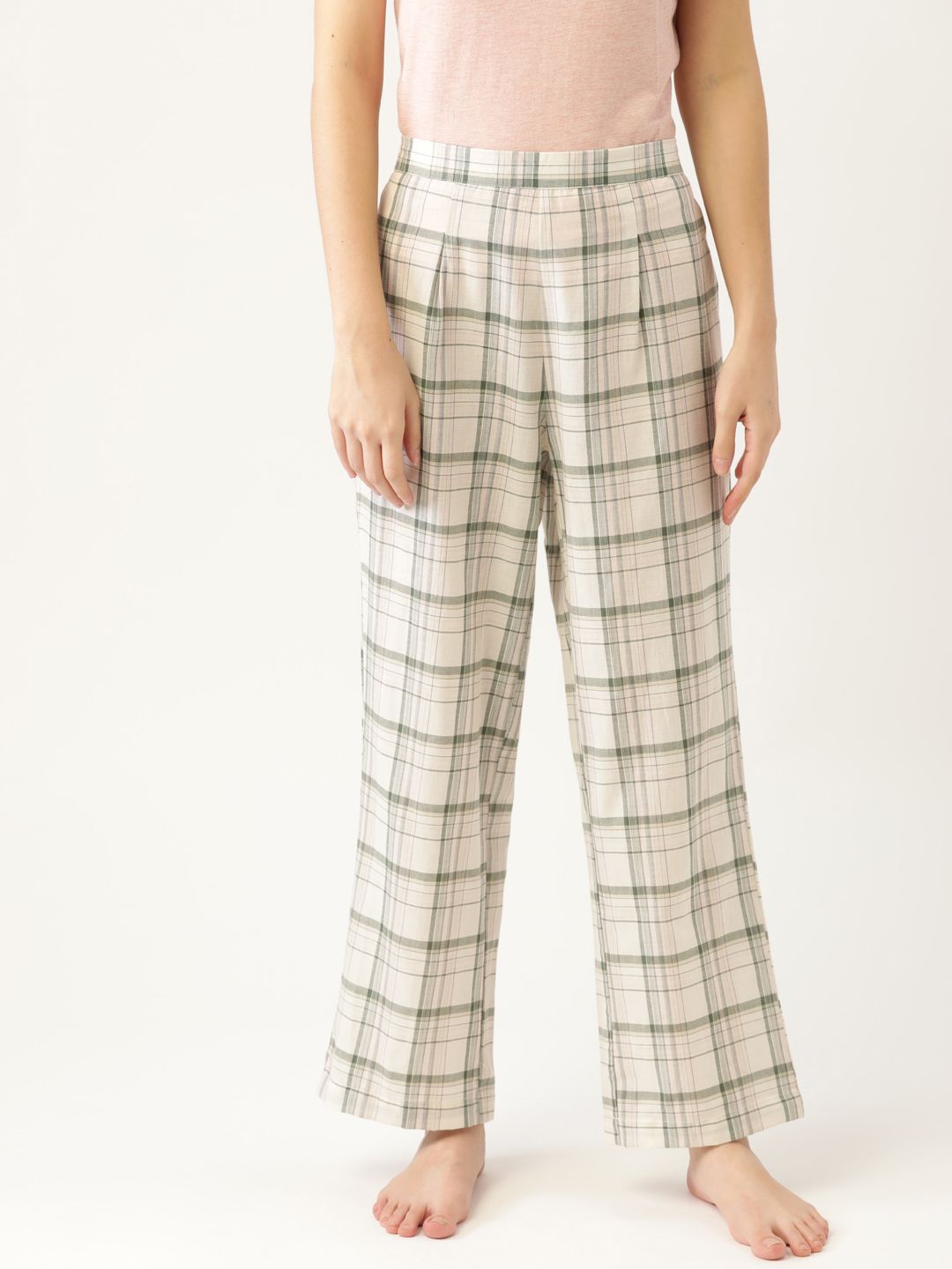 ETC Women Pure Cotton Maroon & Off-White Checked Lounge Pants Price in India