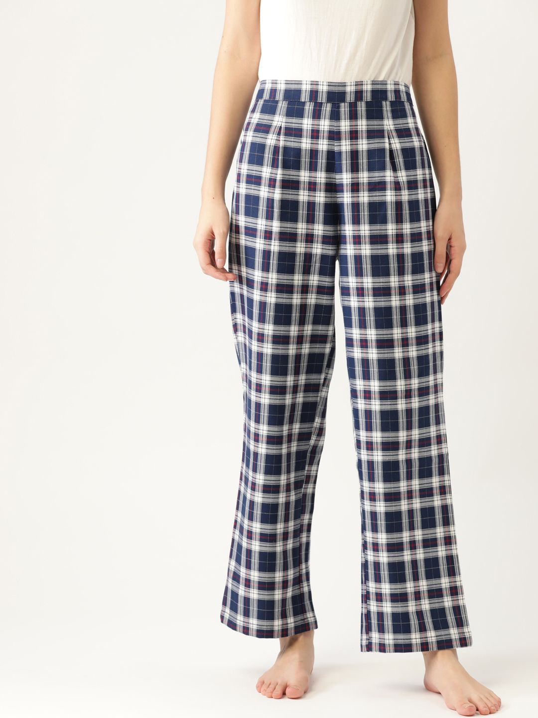 ETC Women Pure Cotton Navy Blue & Off-White Checked Lounge Pants Price in India