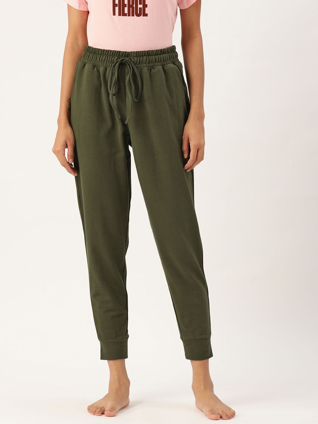 ETC Women Olive Green Solid Pure Cotton Lounge Pants Price in India
