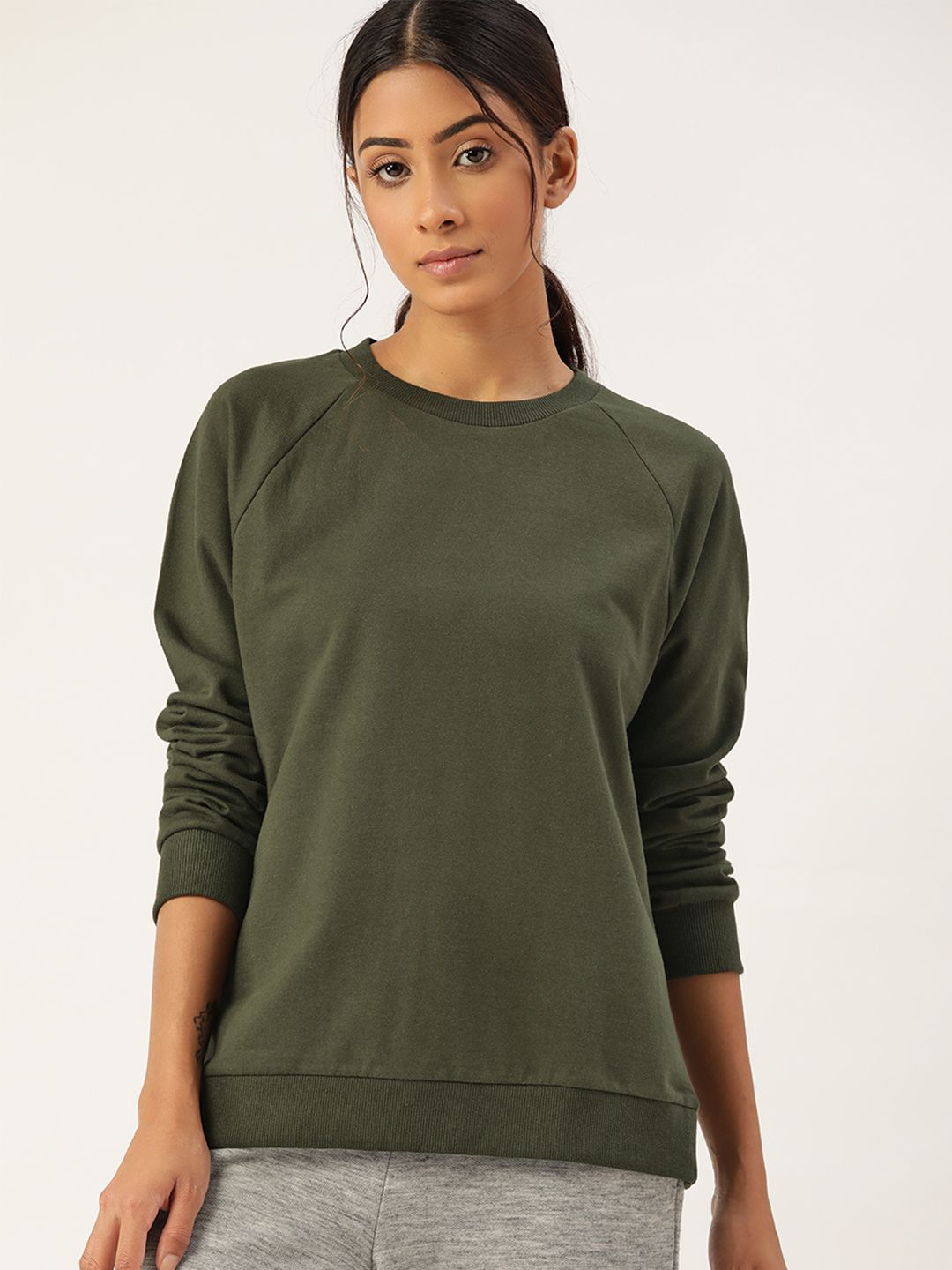 ETC Women Olive Green Solid Pure Cotton Lounge T-shirt Price in India
