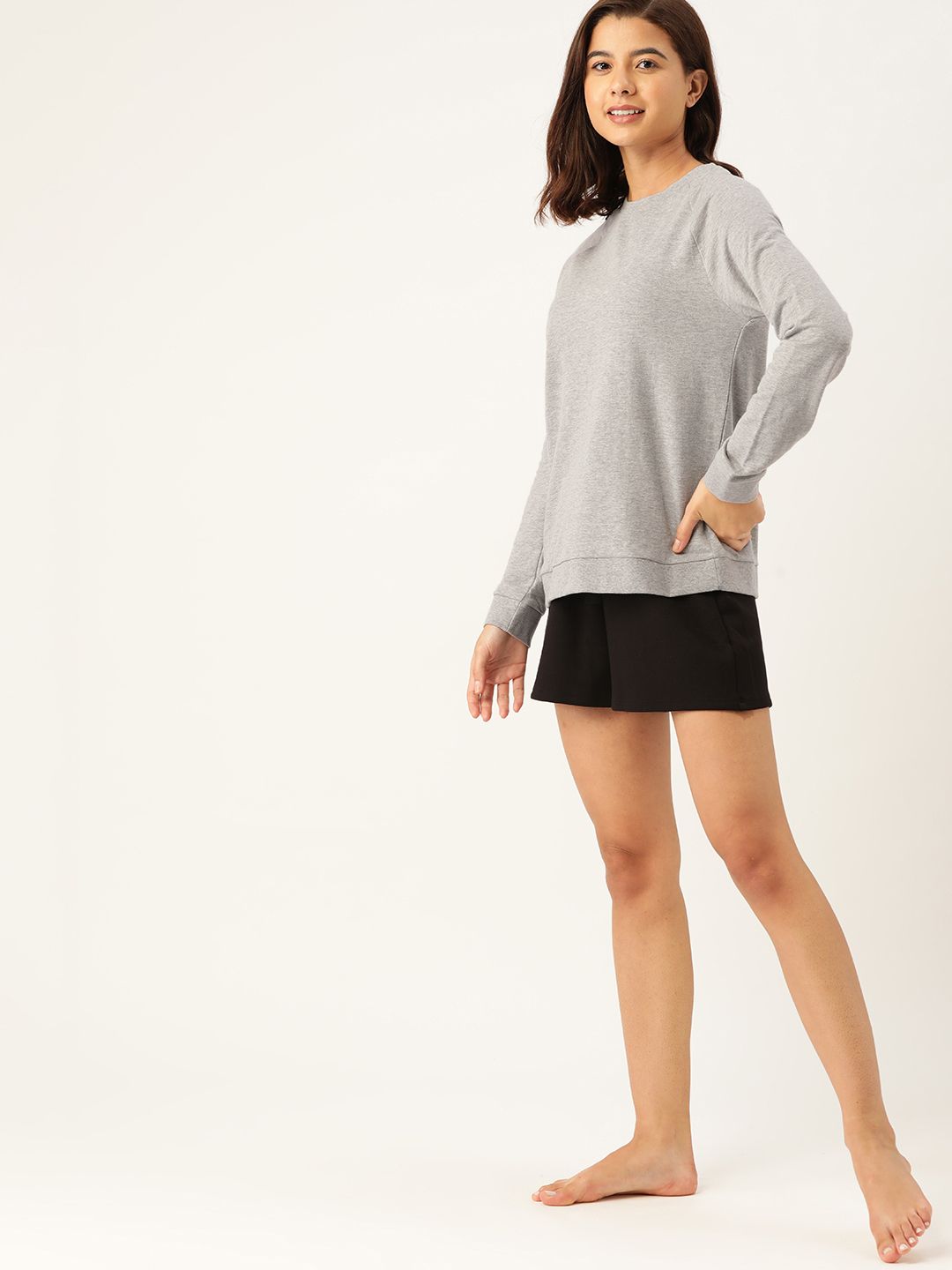 ETC Women Grey Melange Solid Cotton Lounge Sweatshirt Price in India