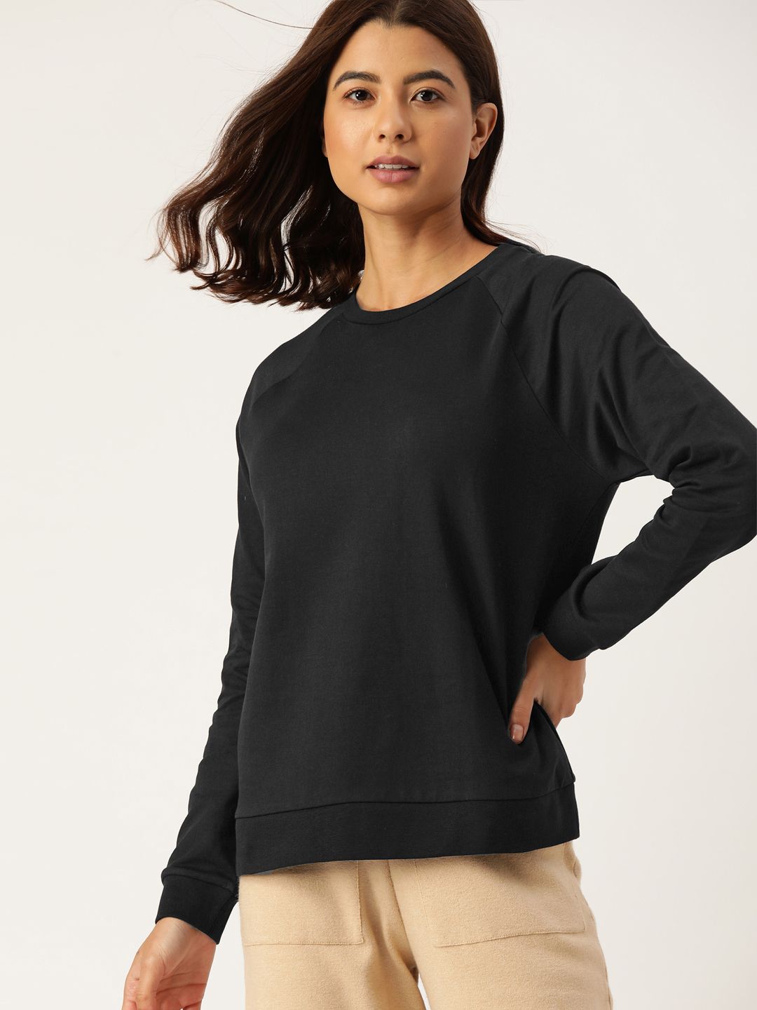 ETC Women Black Pure Cotton Solid Lounge T-shirt Price in India