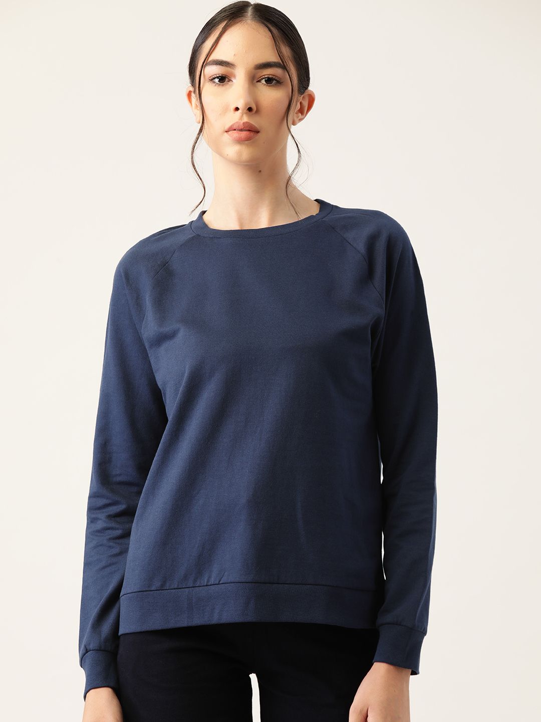 ETC Women Navy Blue Solid Cotton Lounge Sweatshirt Price in India