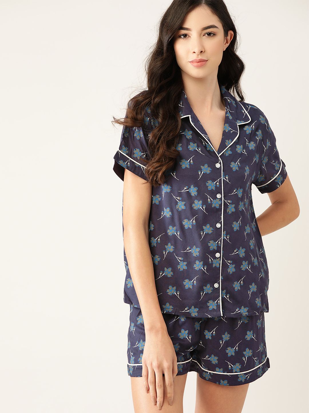 ETC Women Pure Cotton Navy Blue Printed Night suit Price in India