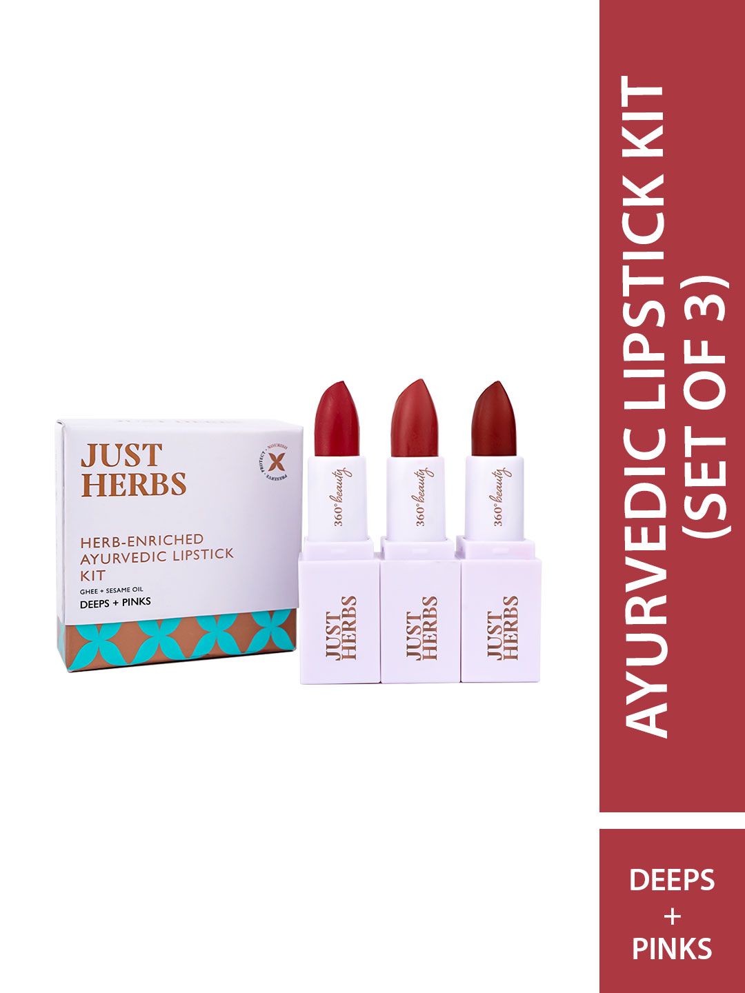 Just Herbs Women Set of 3 Ayurvedic Lipstick Kit - Peachy Pink, Burnt Red & Peachy Coral