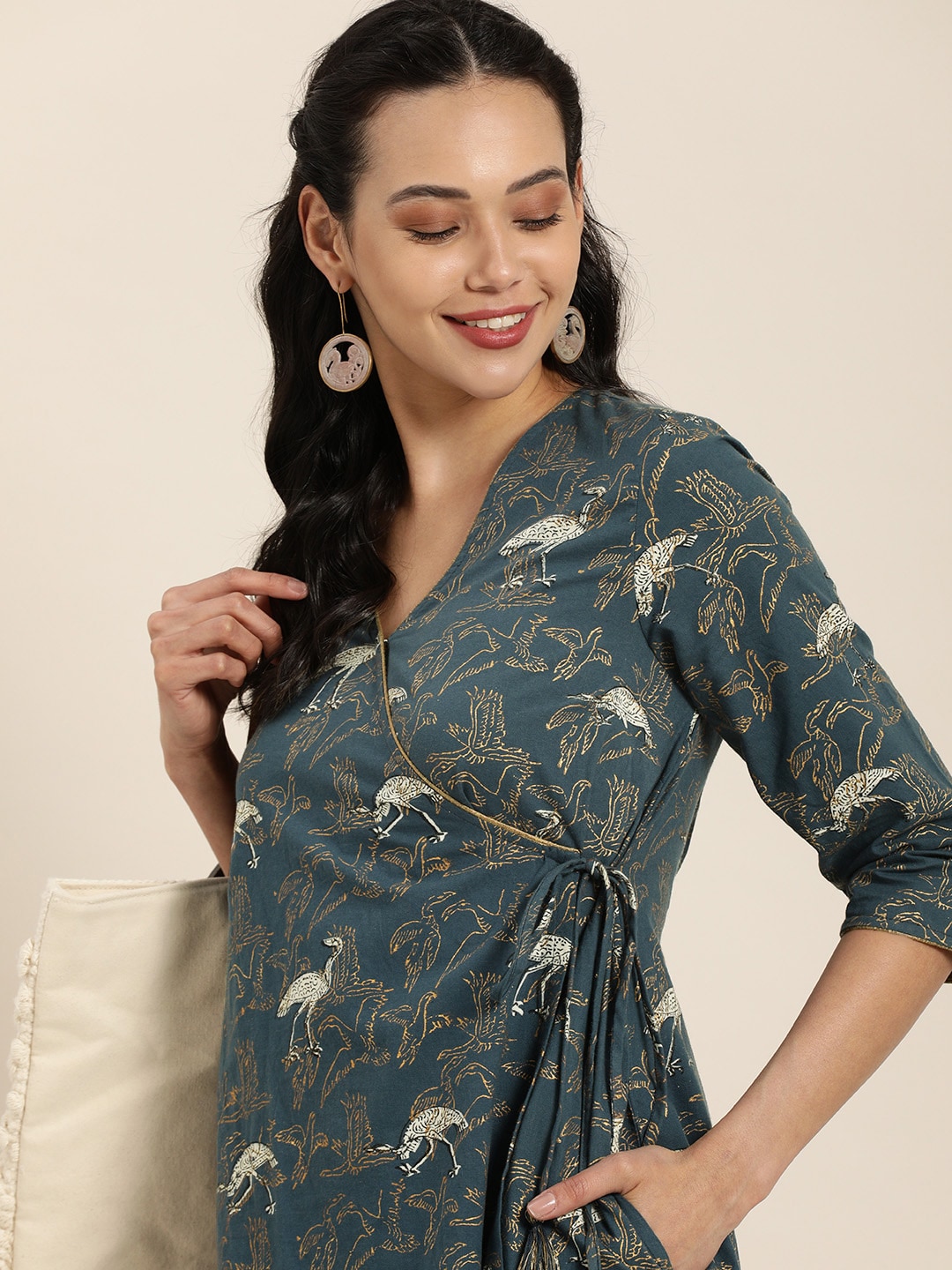 Taavi Women Blue & White Bagru Hand Block Print Wrap Dress with Pocket Detail Price in India
