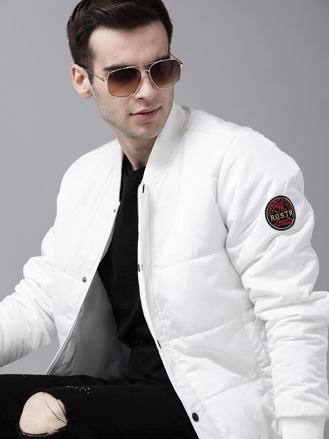 Roadster Men White Solid Padded Jacket