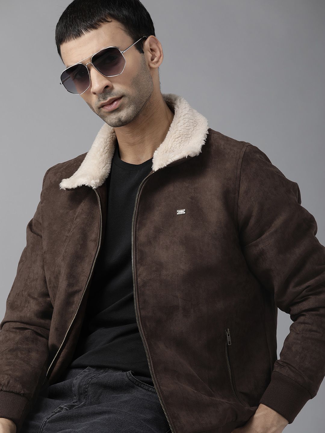 Men's Solid Mock Collar Brown Solid Bomber Jacket
