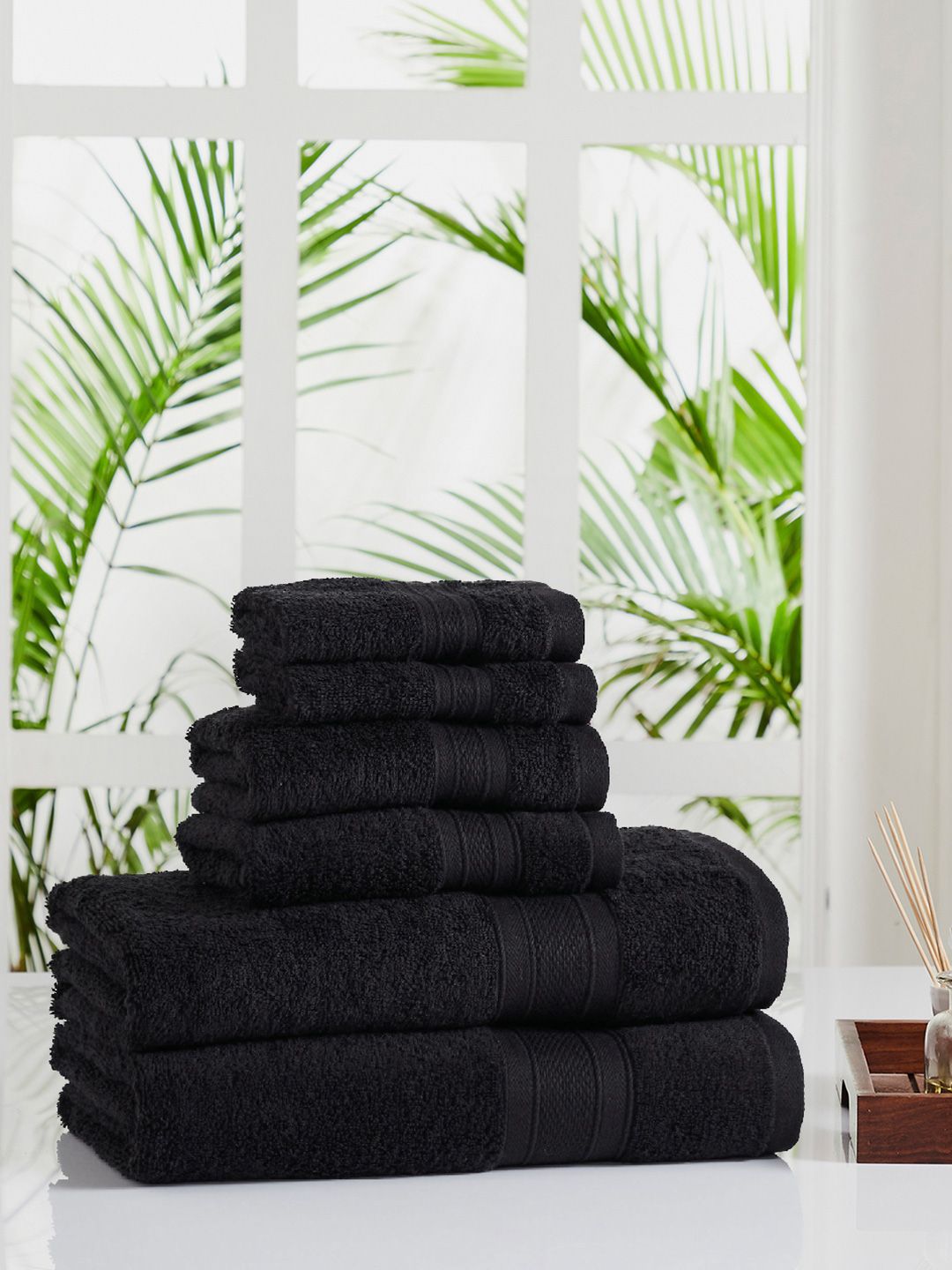 Trident Set Of 6 Black Solid 100% Cotton 500 GSM Towels Set Price in India
