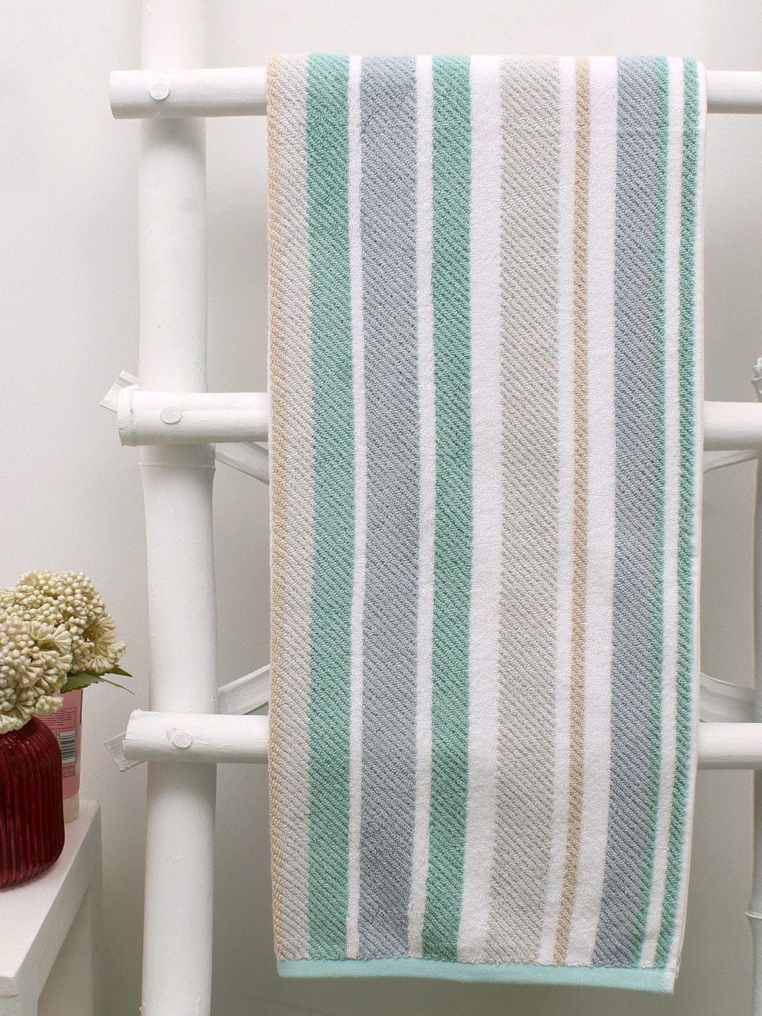 AVI Living Green & White Striped 600 GSM Cotton Bath Towel Price in India
