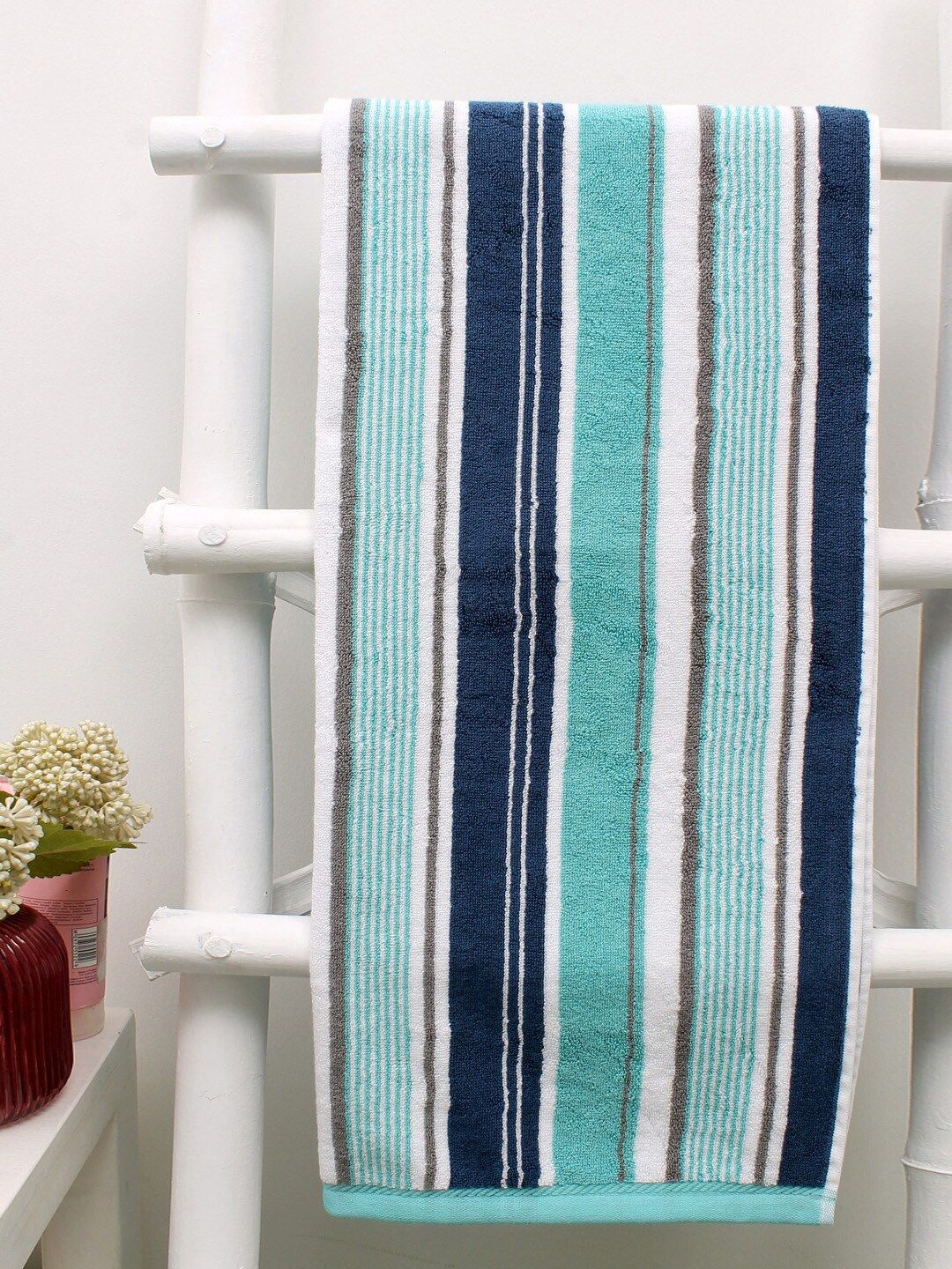 AVI Living Unisex Turquoise Blue & White Rhodes Striped 600 GSM Cotton Bath Towel Price in India