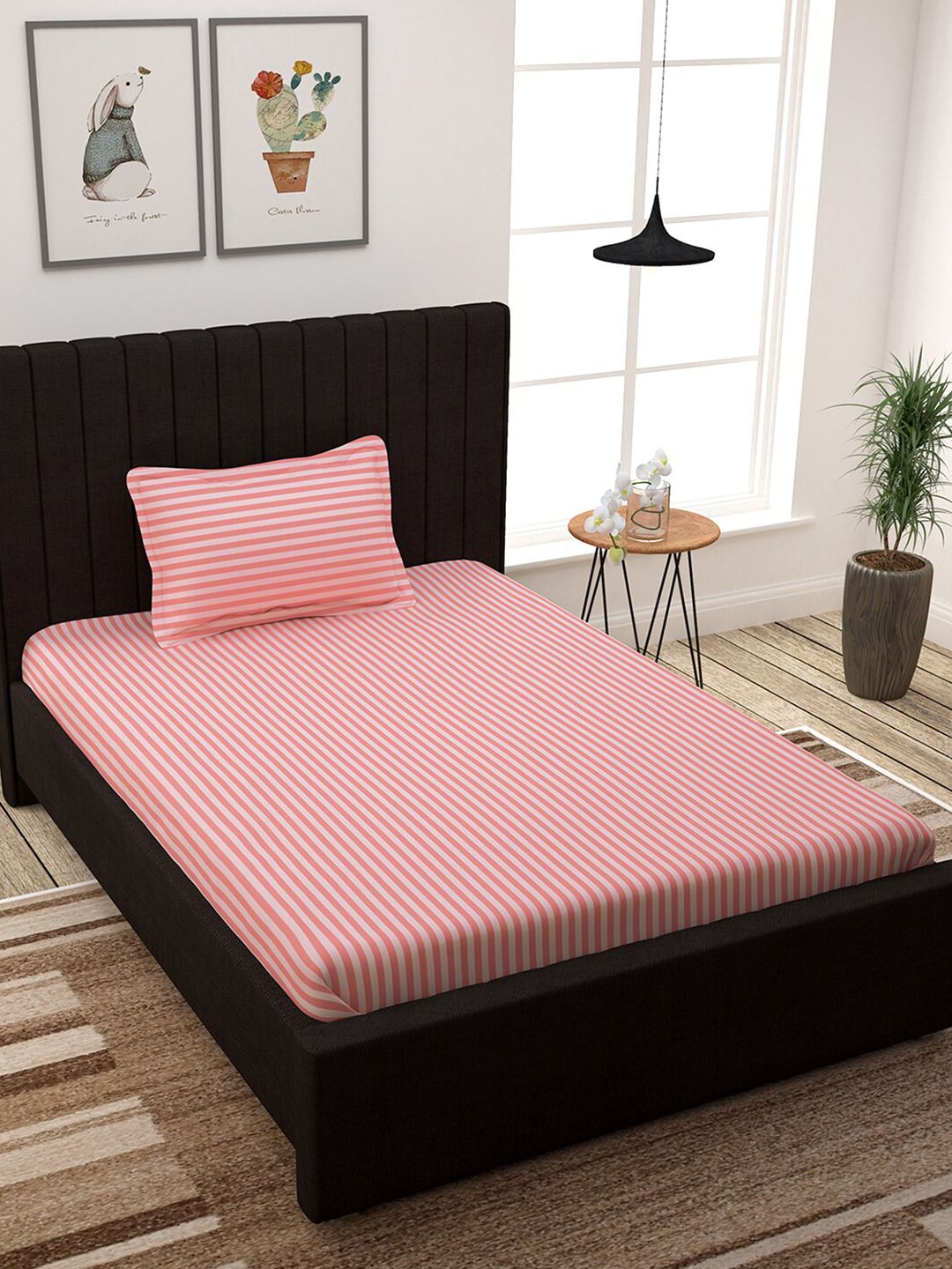 Story@home Pink Solid Cotton  300 TC 1 Single Bedsheet with 1 Pillow Cover Price in India