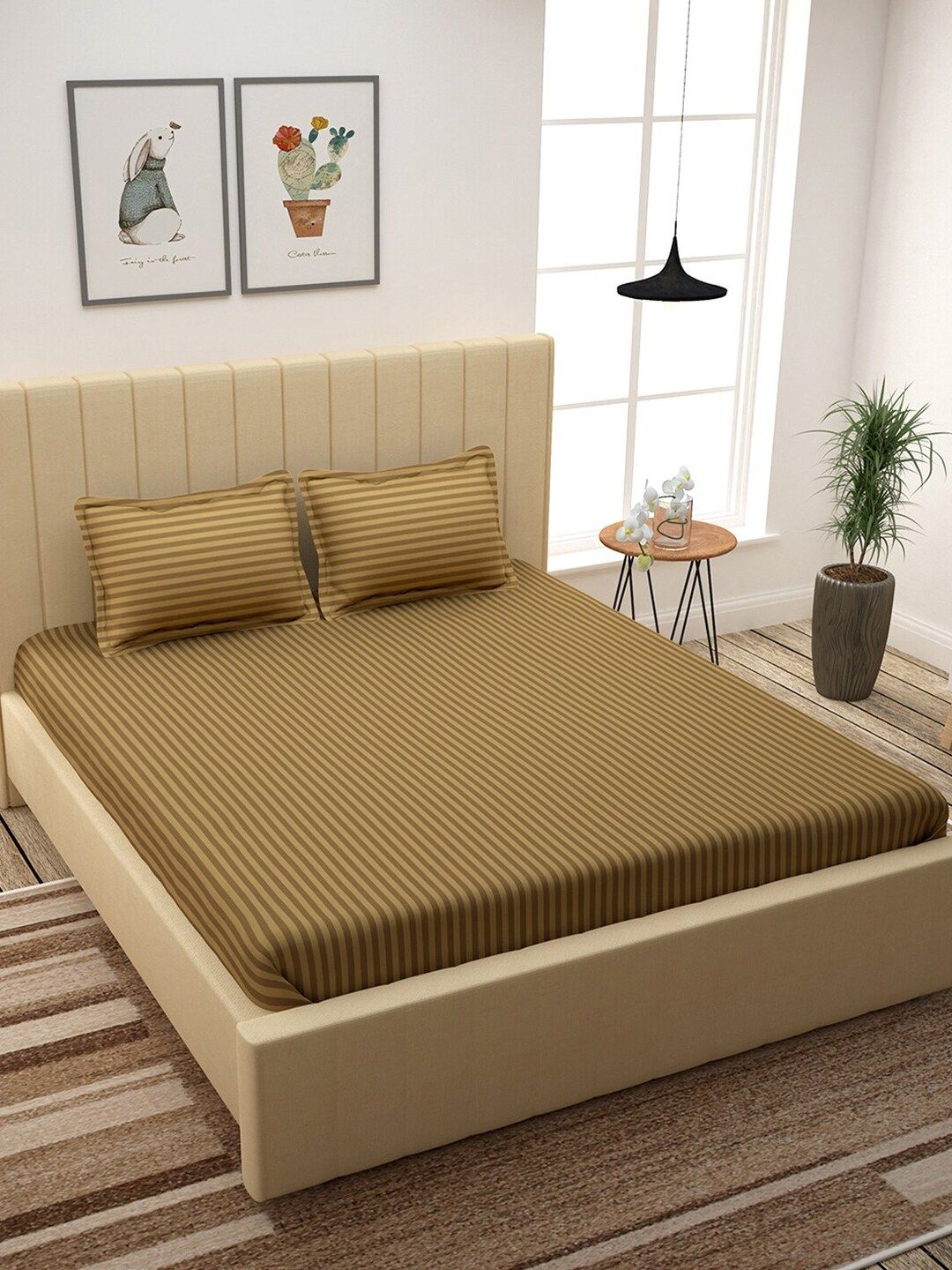Story@home Brown Self-Striped 300 TC Cotton 1 King Bedsheet with 2 Pillow Covers Price in India