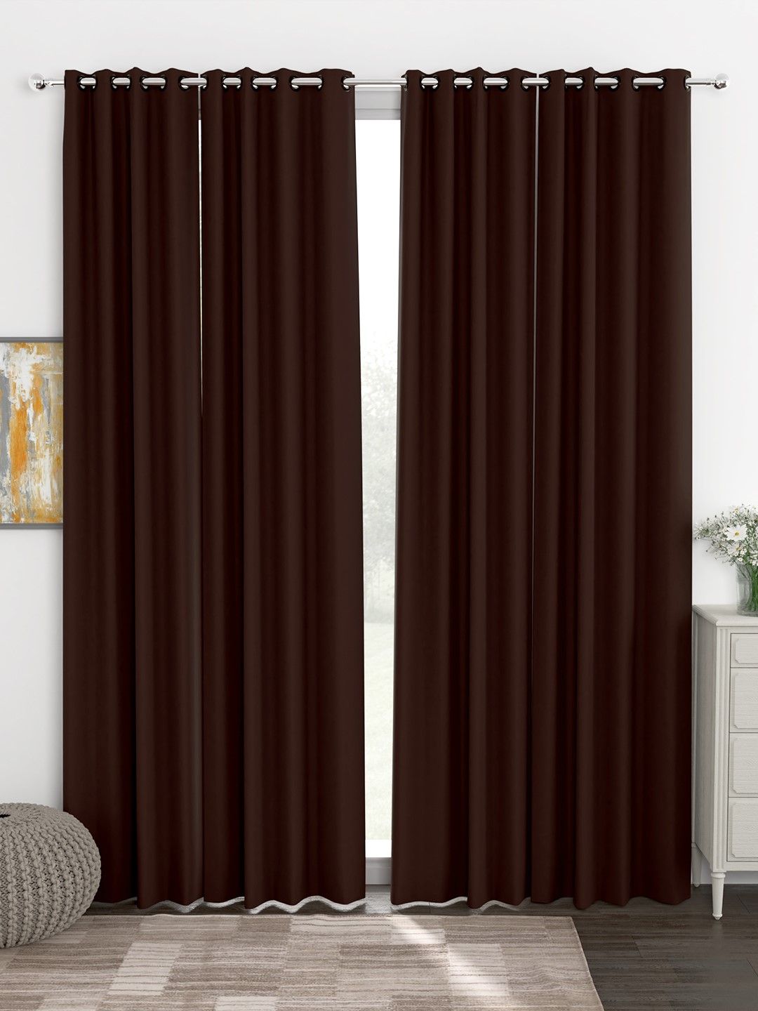 Story@Home Faux Silk Solid Solid 300GSM Dark Brown Room Darkening Blackout Long Door Curtain - Set Of 4 Price in India