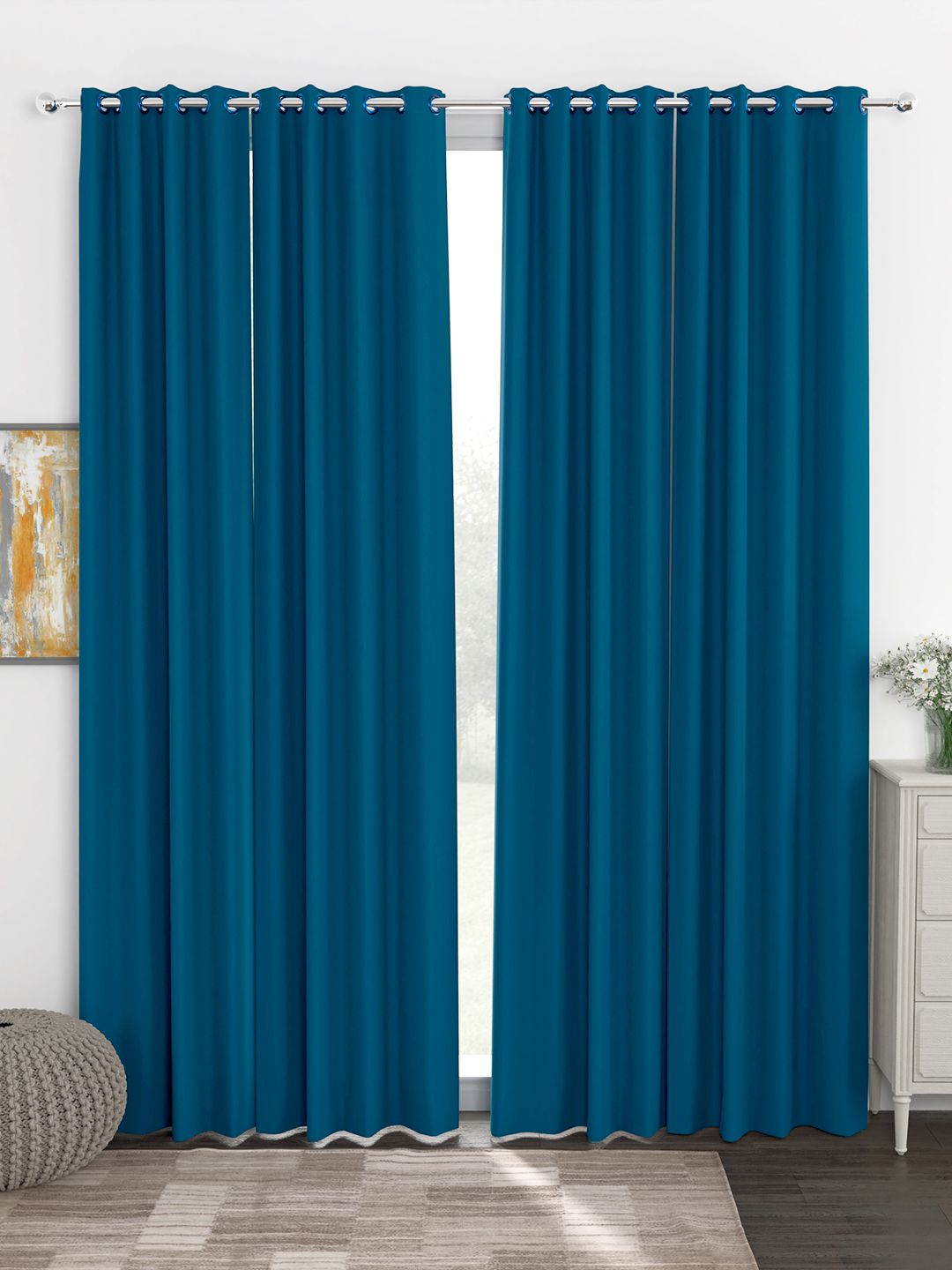 Story@Home Faux Silk Solid Solid 300GSM Navy Blue Room Darkening Blackout Long Door Curtain - Set Of 4 Price in India