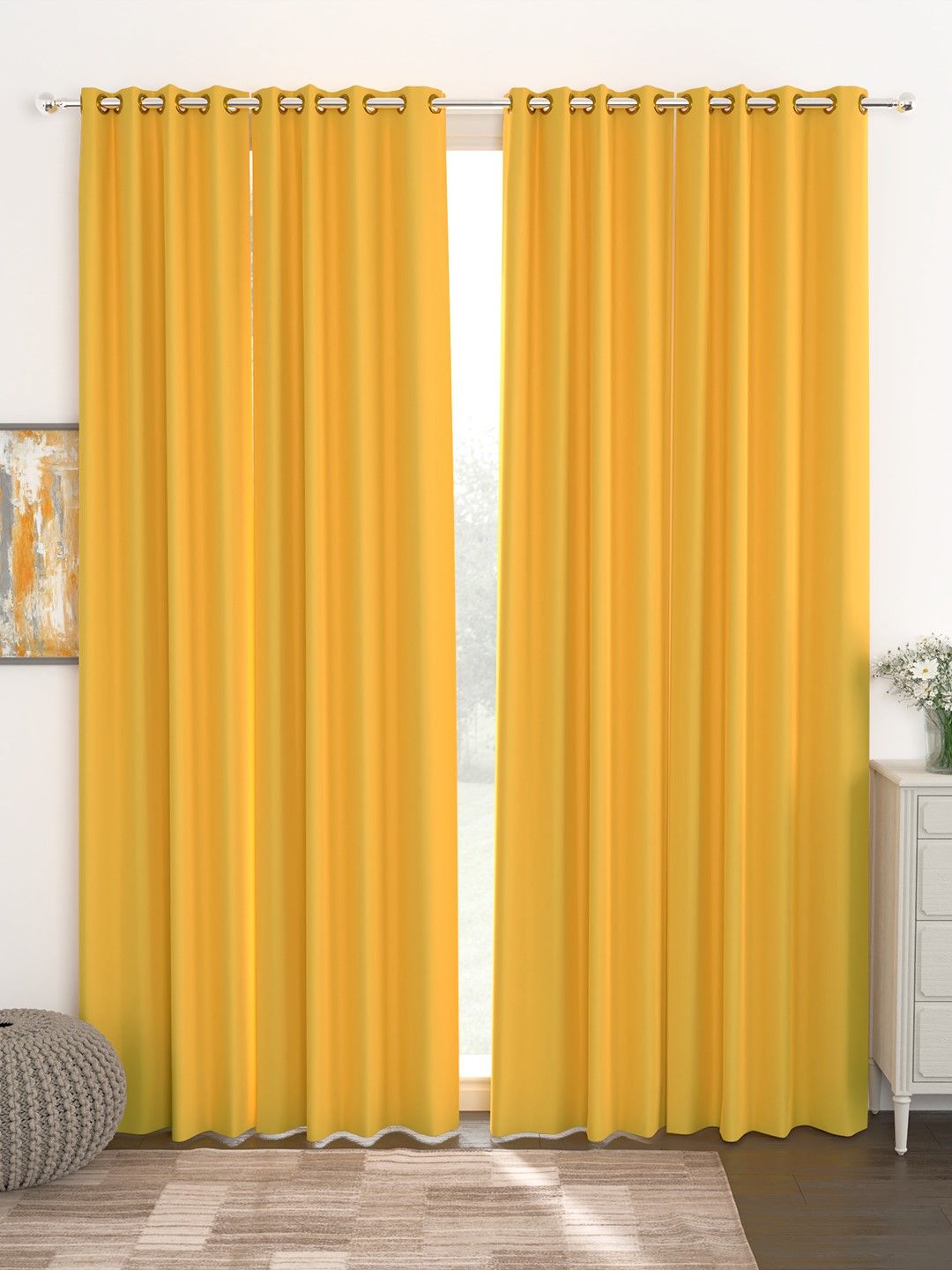 Story@Home Faux Silk Solid Solid 300GSM Mustard Room Darkening Blackout Long Door Curtain - Set Of 4 Price in India