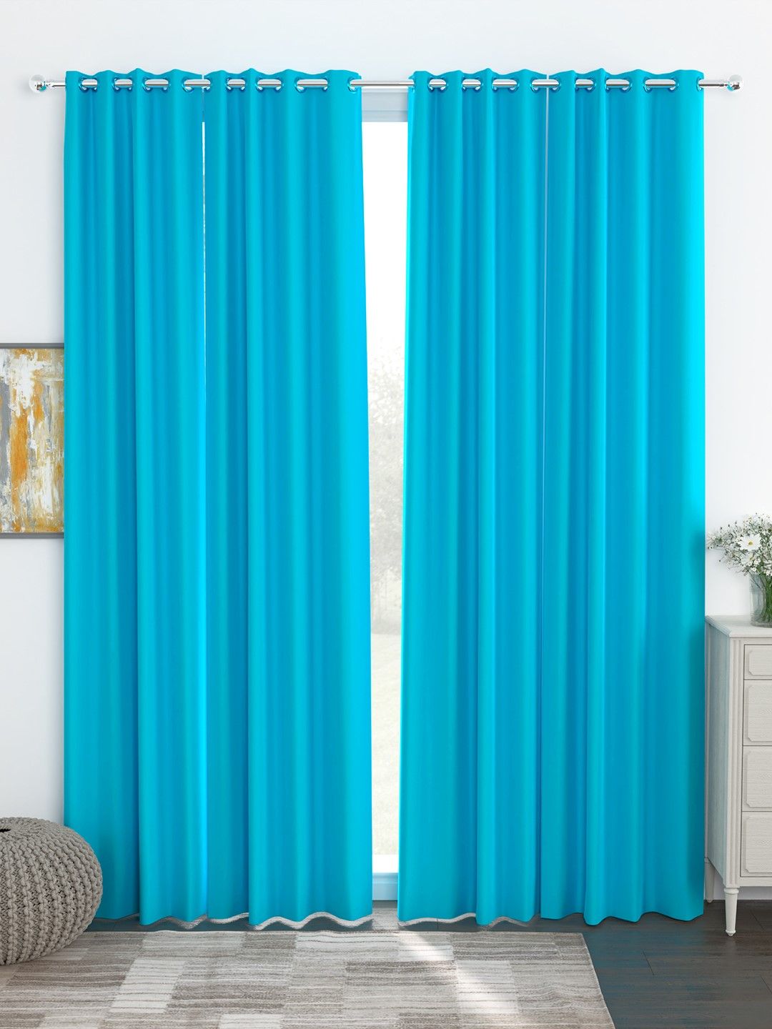 Story@Home Faux Silk Solid Solid 300GSM Ocean Blue Room Darkening Blackout Long Door Curtain - Set Of 4 Price in India