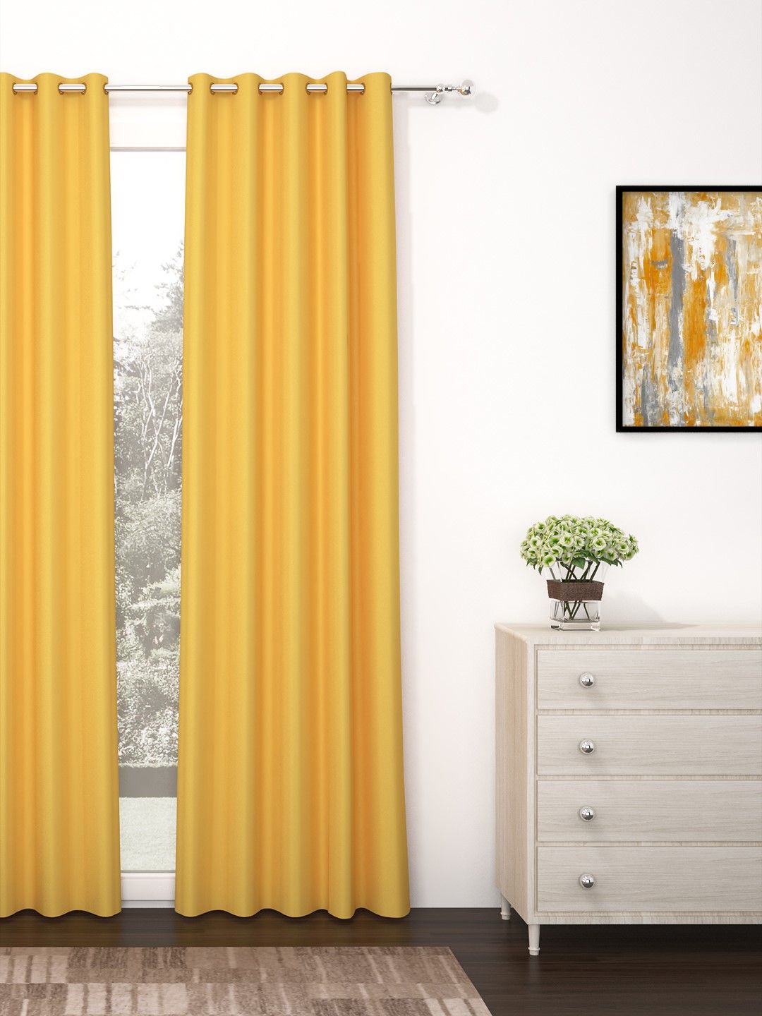 Story@Home Faux Silk Solid Solid 300GSM Mustard Room Darkening Blackout Long Door Curtain - Set Of 1 Price in India