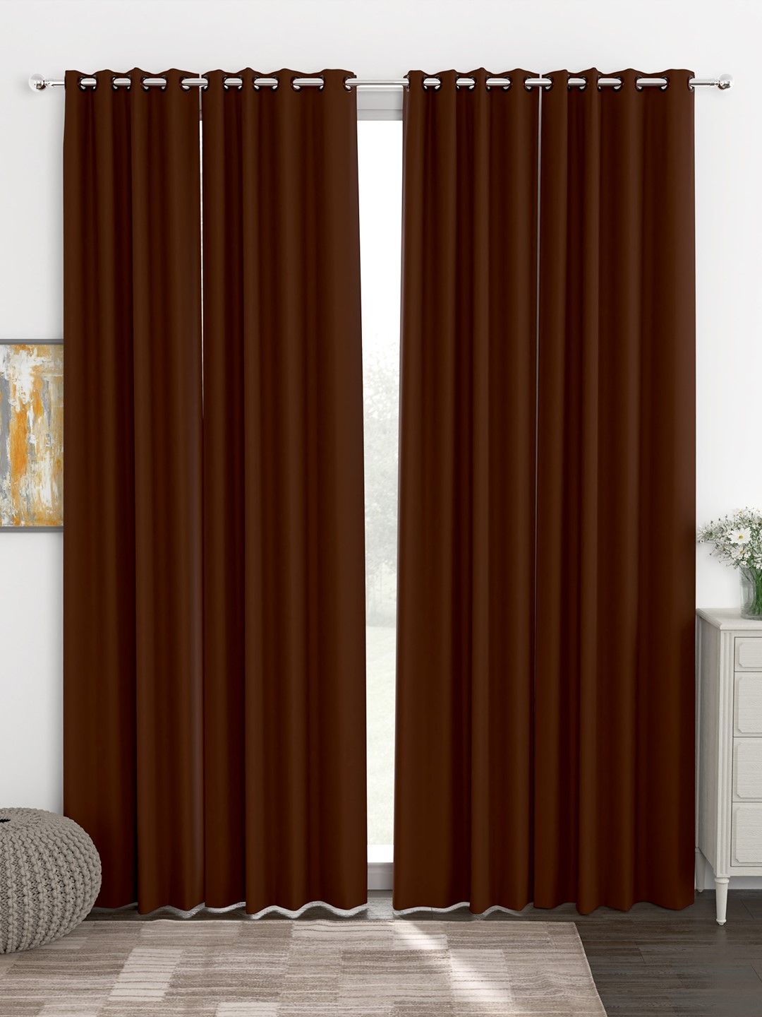 Story@Home Faux Silk Solid Solid 300GSM Brown Room Darkening Blackout Long Door Curtain - Set Of 4 Price in India