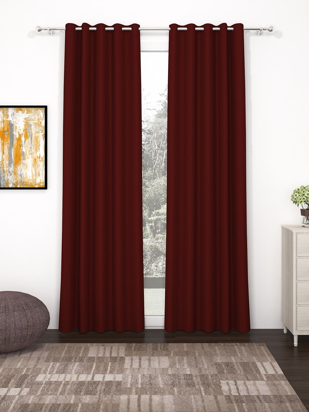 Story@Home Faux Silk Solid Solid 300GSM Maroon Room Darkening Blackout Long Door Curtain - Set of 2 Price in India