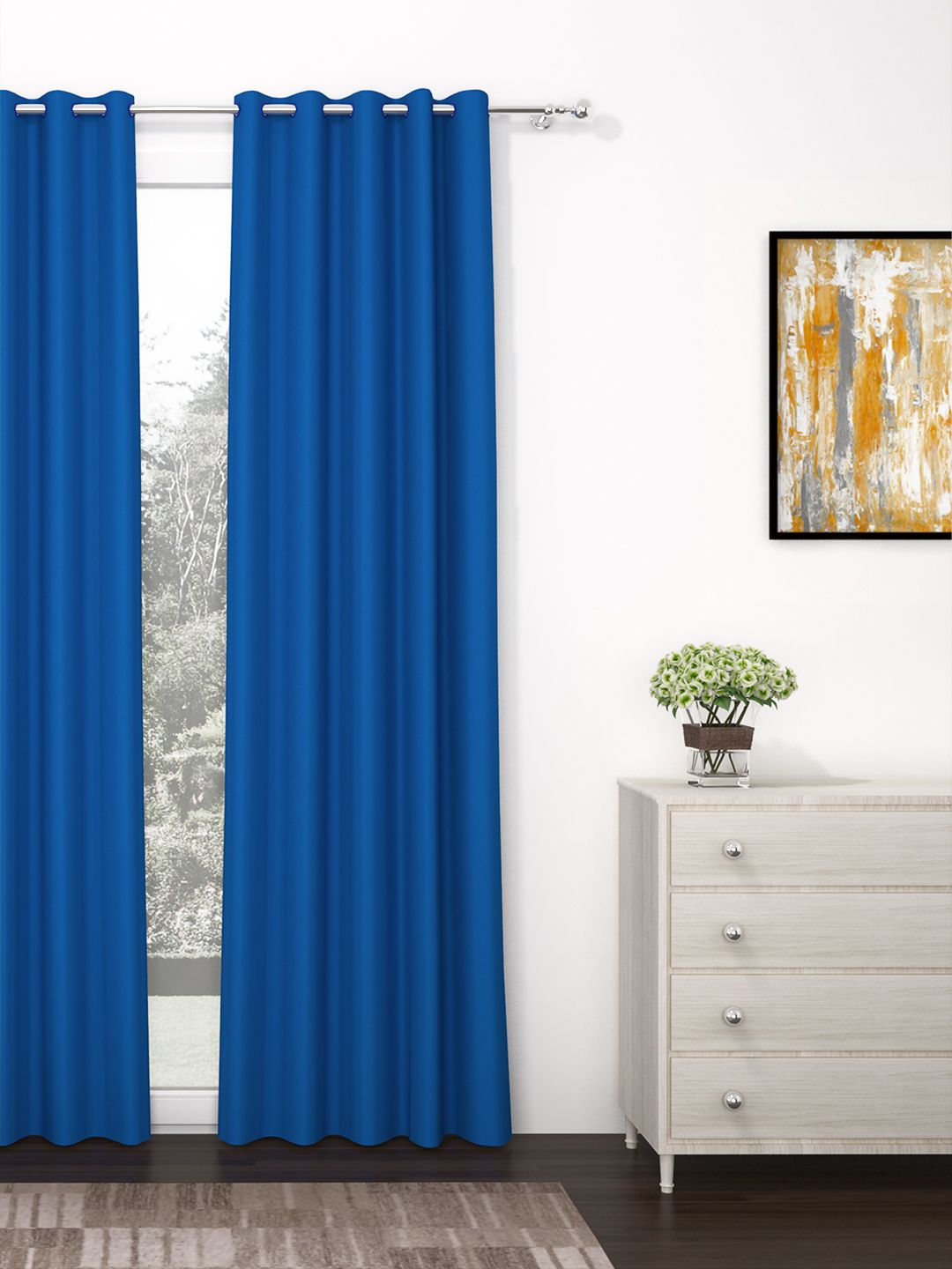 Story@Home Faux Silk Solid Solid 300GSM Blue Room Darkening Blackout Long Door Curtain - Set Of 1 Price in India
