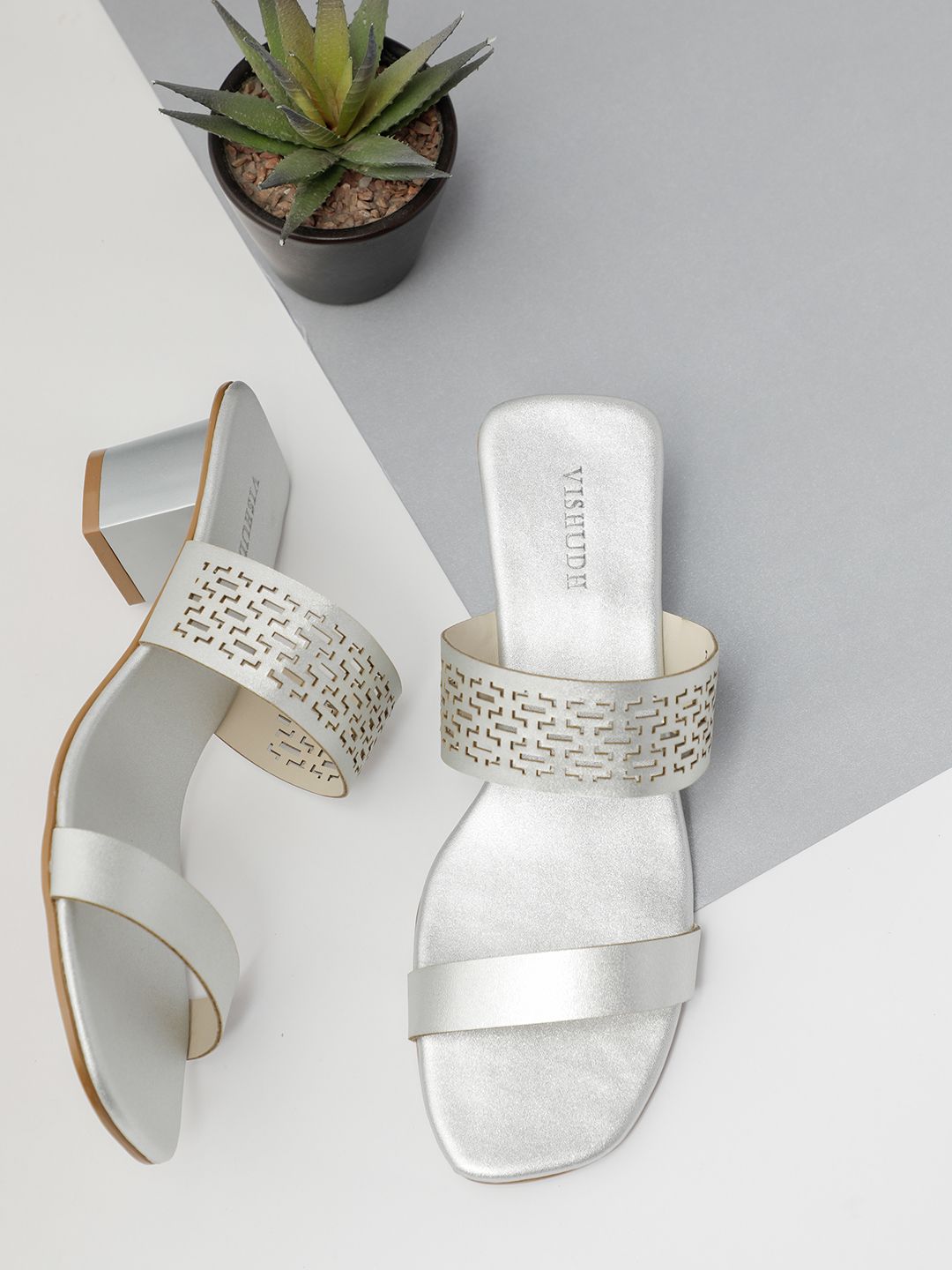Vishudh Silver Textured Ethnic Block Sandals with Laser Cuts Price in India