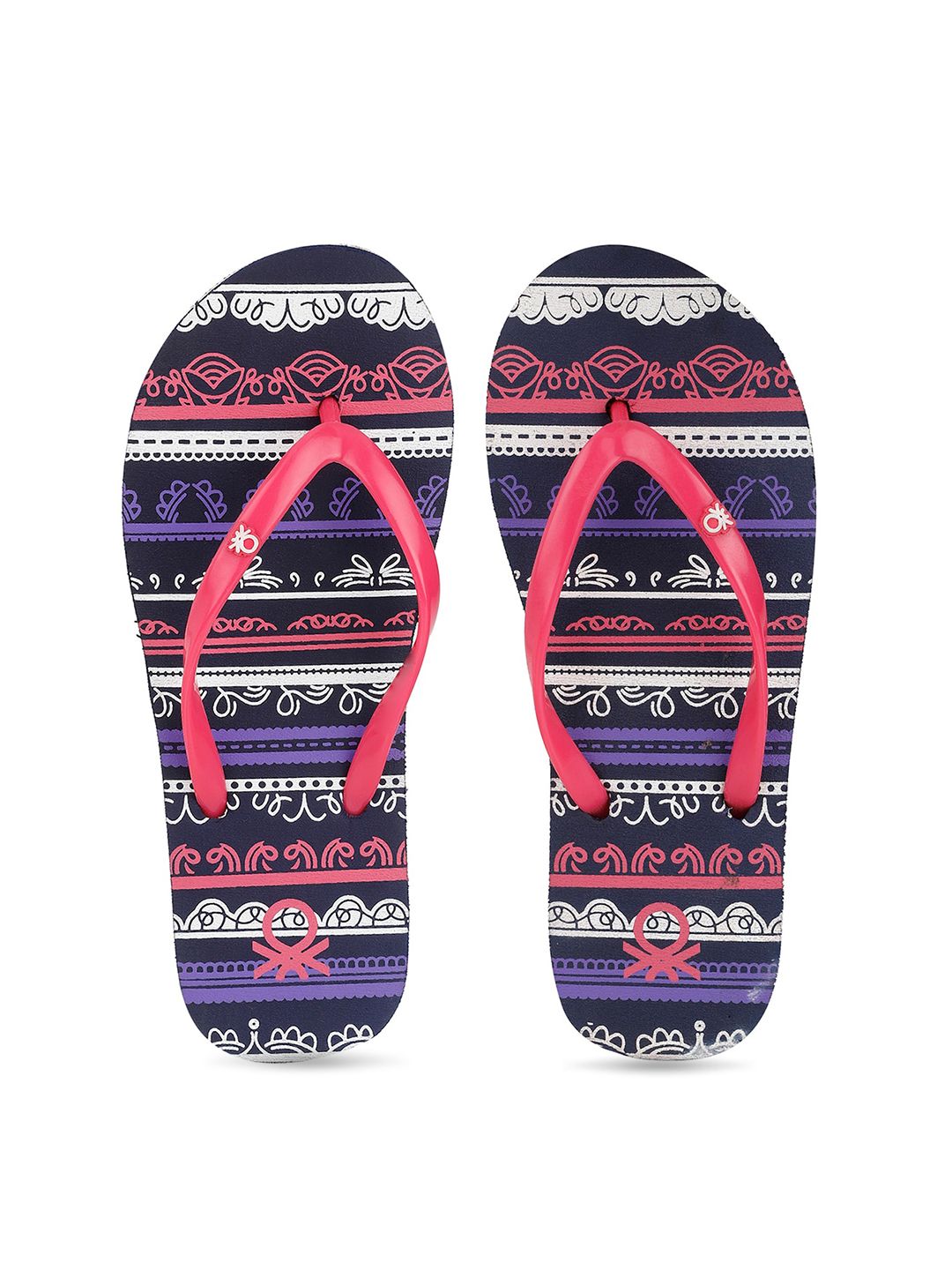 United Colors of Benetton Women Pink & Navy Blue Printed Thong Flip-Flops Price in India