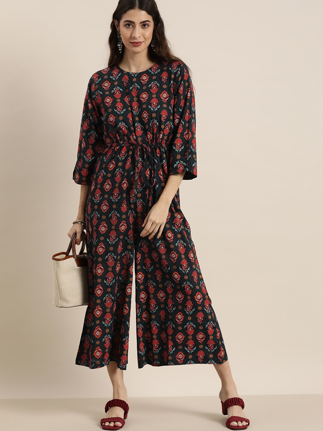 all about you Navy Blue & Red Printed Culotte Jumpsuit Price in India